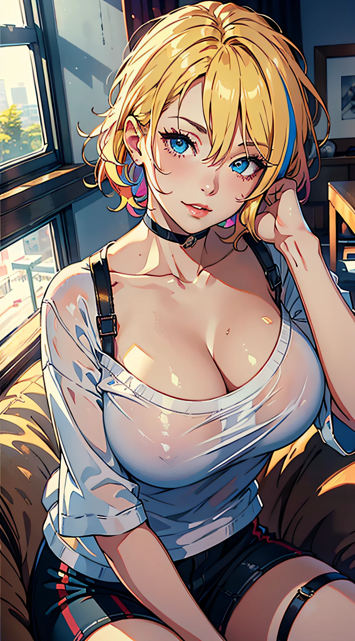 volumetric lighting, best shadows, cute sexy girl, naughty face, short blonde hair with colored streaks, colorful hair, suggestive sexy eyes, detailed blue eyes, small nose, evil smile, smirk, lips, blushing hard, neck, collarbone, large breast, huge-breasted，pornographic exposure，cleavage, wide hips, lustful look, (highest quality, amazing details:1.3), (solo:1.3), 独奏, masterpiece, colorful, (extremely detailed 8k CG)

(Wearing：head rest, oversized white t shirt, oversized sleep wear, comfortable indoor clothes)

(Background：indoors, sofa, living room, couch)