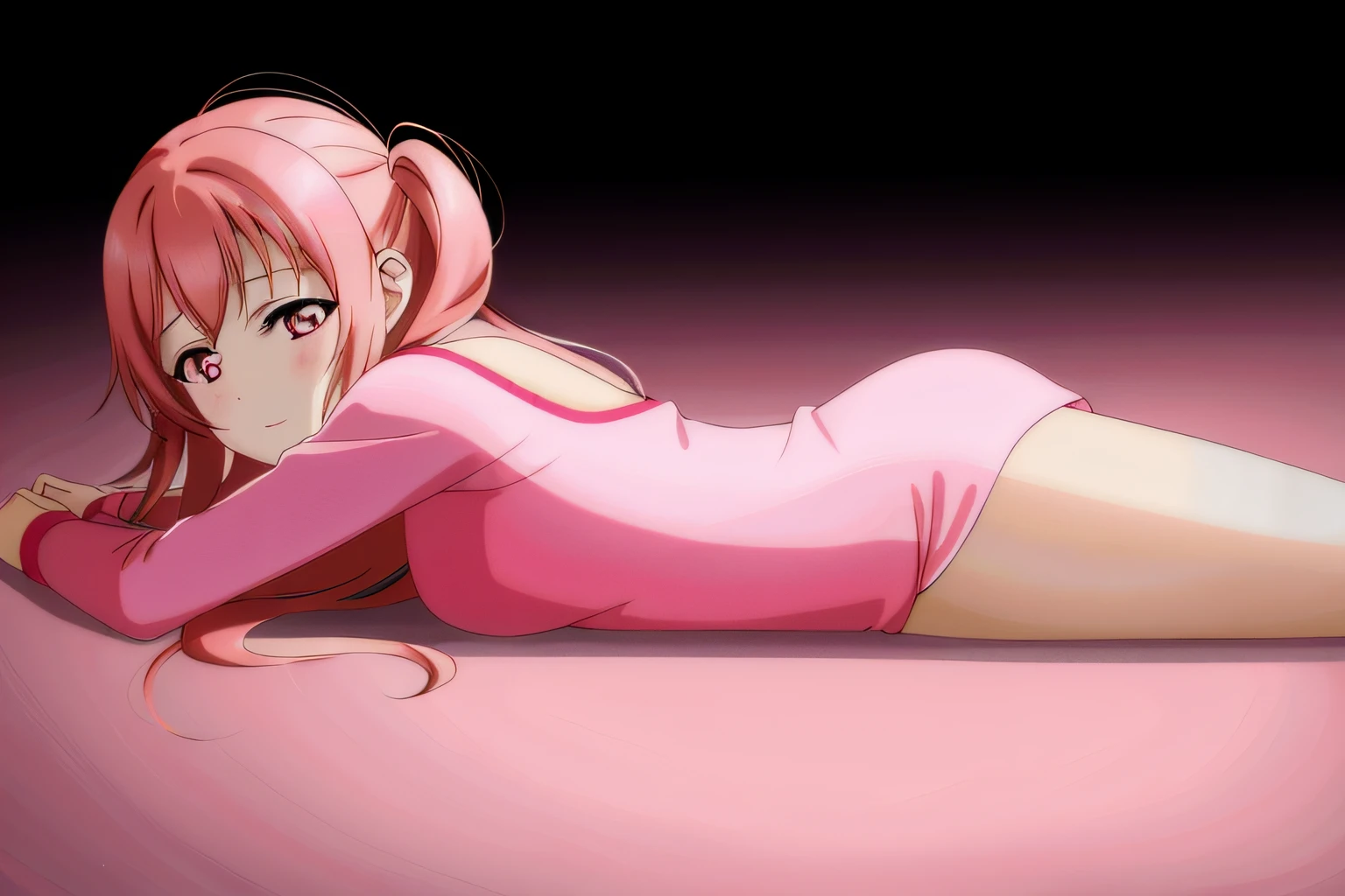 Anime girl in pink leotard lying on the floor with pink hair, photorealistic anime girl render, Pink body, pink iconic characters, pink twintail hair and cyan eyes, rendered in sfm, bubblegum body, smooth pink skin, an anime girl, pink girl, Pink skin, Smooth Anime CG Art, Cute anime girl rendering