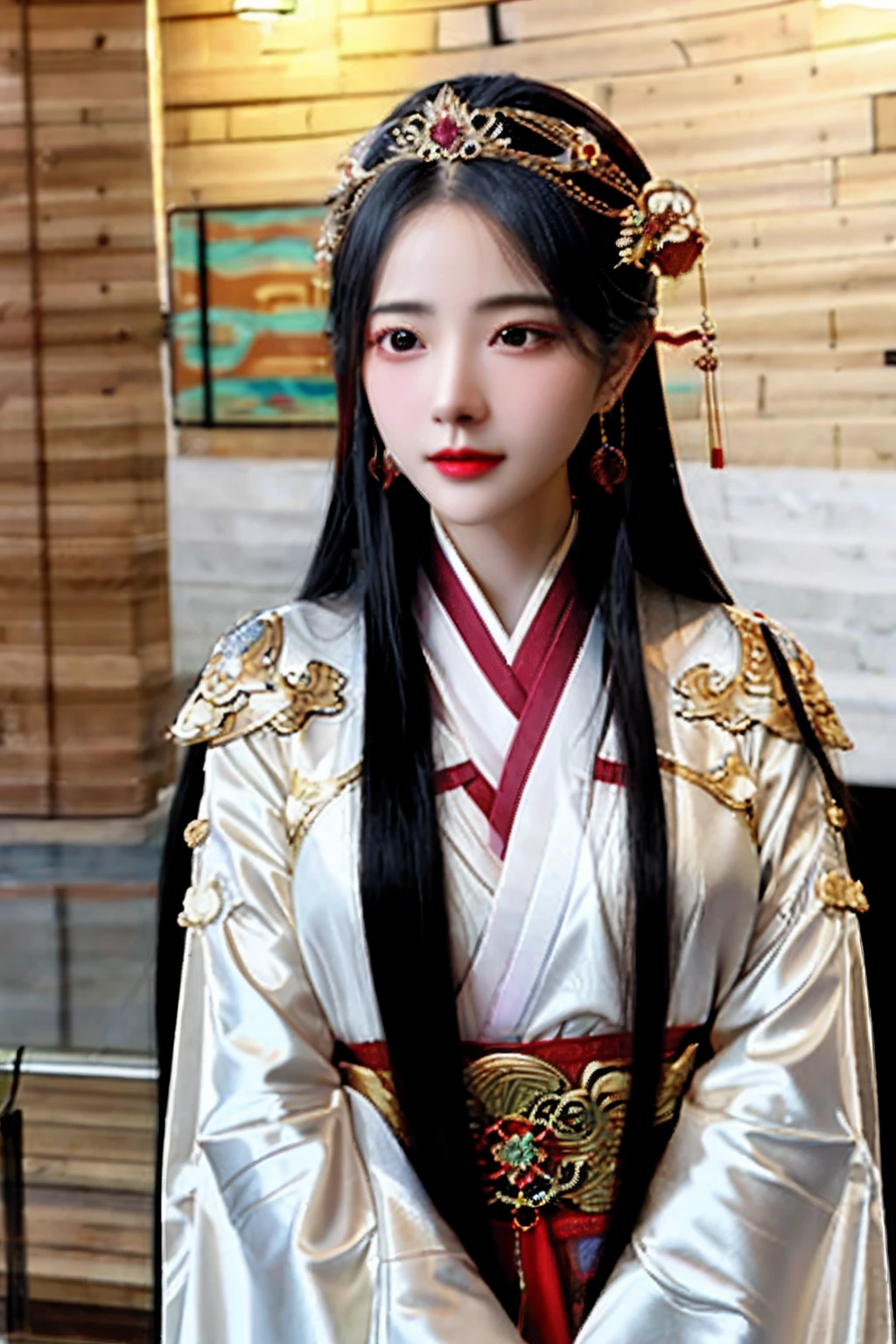 A woman with long hair wearing a golden headdress and a black blouse，A beautiful fantasy queen，（A beautiful fantasy queen）），palaces，a girl in hanfu，China Princess，inspired by Xie Sun，inspired by Huang Ji，xianxia fantasy，Chinese style，ChineseGirl，Ancient Chinese princess，The Nguyen family is beautiful！，Xianxia，fully body photo