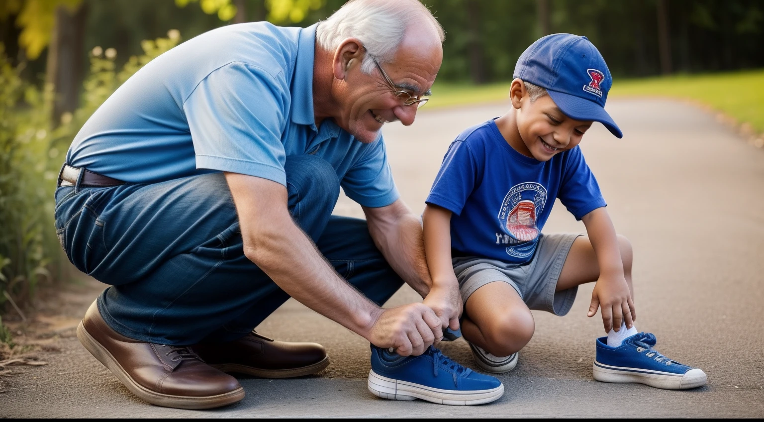Image of a smiling old man helping a child tie his shoes. This would convey the idea that the wisdom of humility is related to patience and the willingness to help others, regardless of your age or position in life.