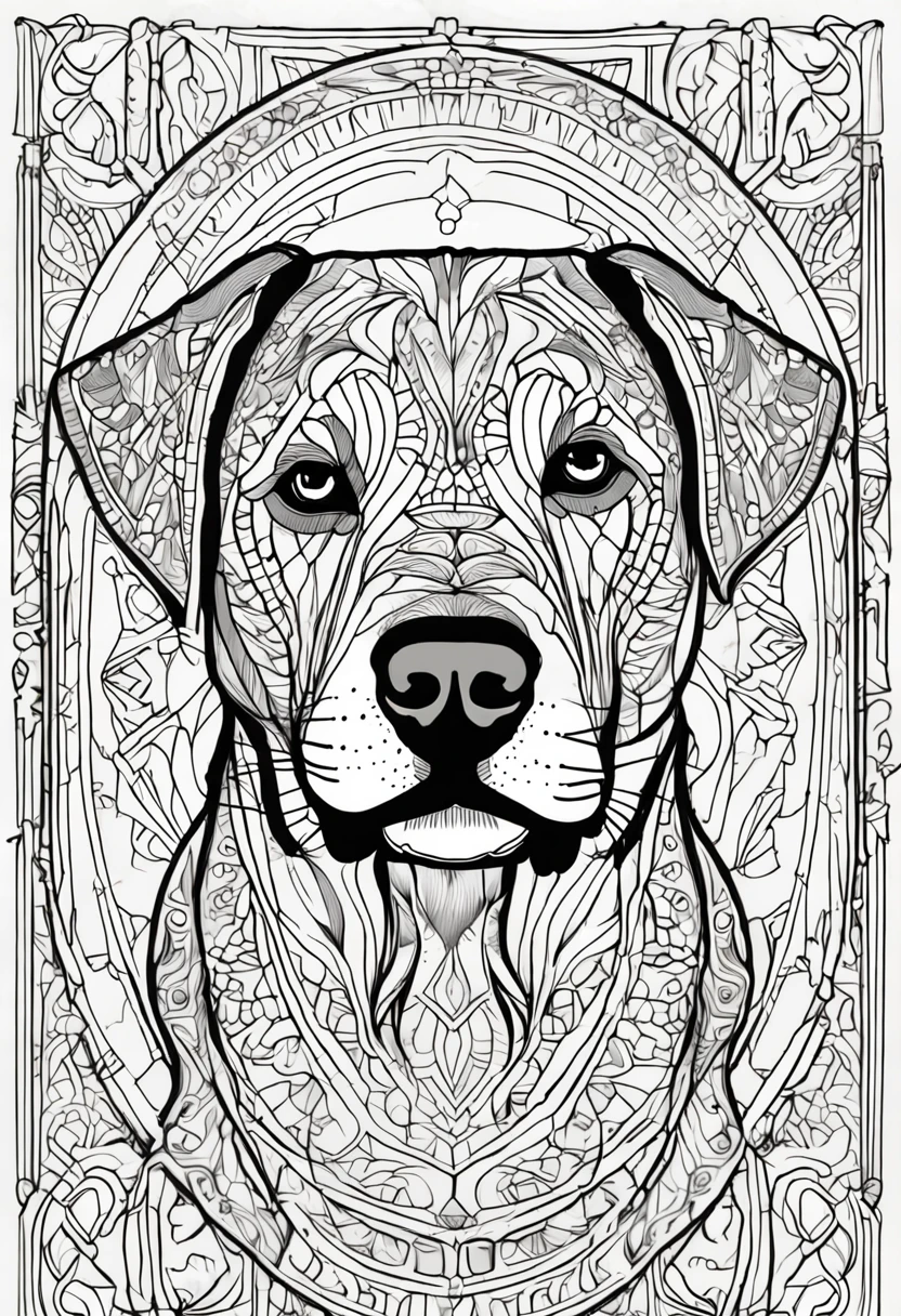 coloring page for adults, bold lines, dark lines, mandala body, puppy body, labrador retriever mandala dog face, mandala face, symmetrical, background, clean line art, fine line art, resolution 512x 768
