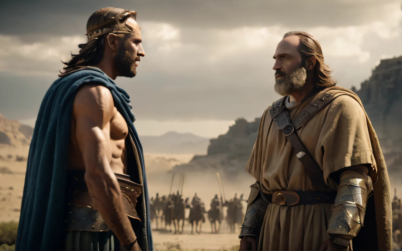 arafed image of two men in robes standing in a desert, biblical epic movie, film still from god of war, leading spartans into battle, 8 k movie still, in screenshot from the 300 movie, still from a fantasy movie, still from a ridley scott movie, powerful scene, movie still 8 k, epic scene of zeus hd