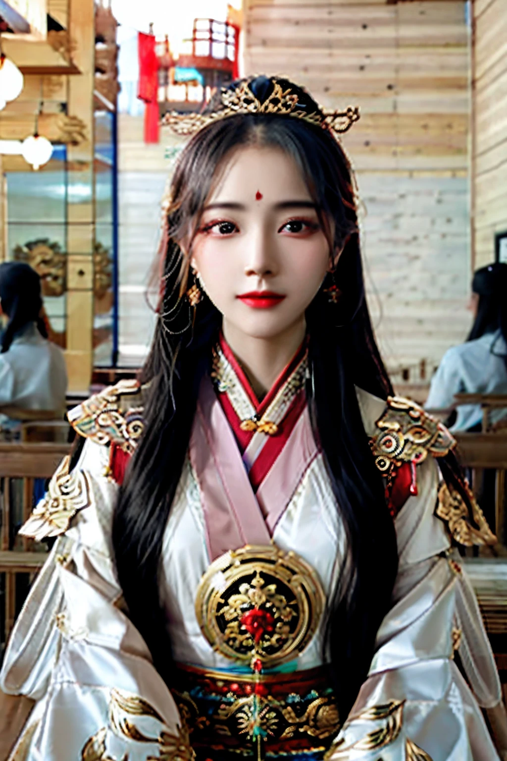 A woman with long hair wearing a golden headdress and a black blouse，A beautiful fantasy queen，（A beautiful fantasy queen）），palaces，a girl in hanfu，China Princess，inspired by Xie Sun，inspired by Huang Ji，xianxia fantasy，Chinese style，ChineseGirl，Ancient Chinese princess，The Nguyen family is beautiful！，Xianxia，fully body photo