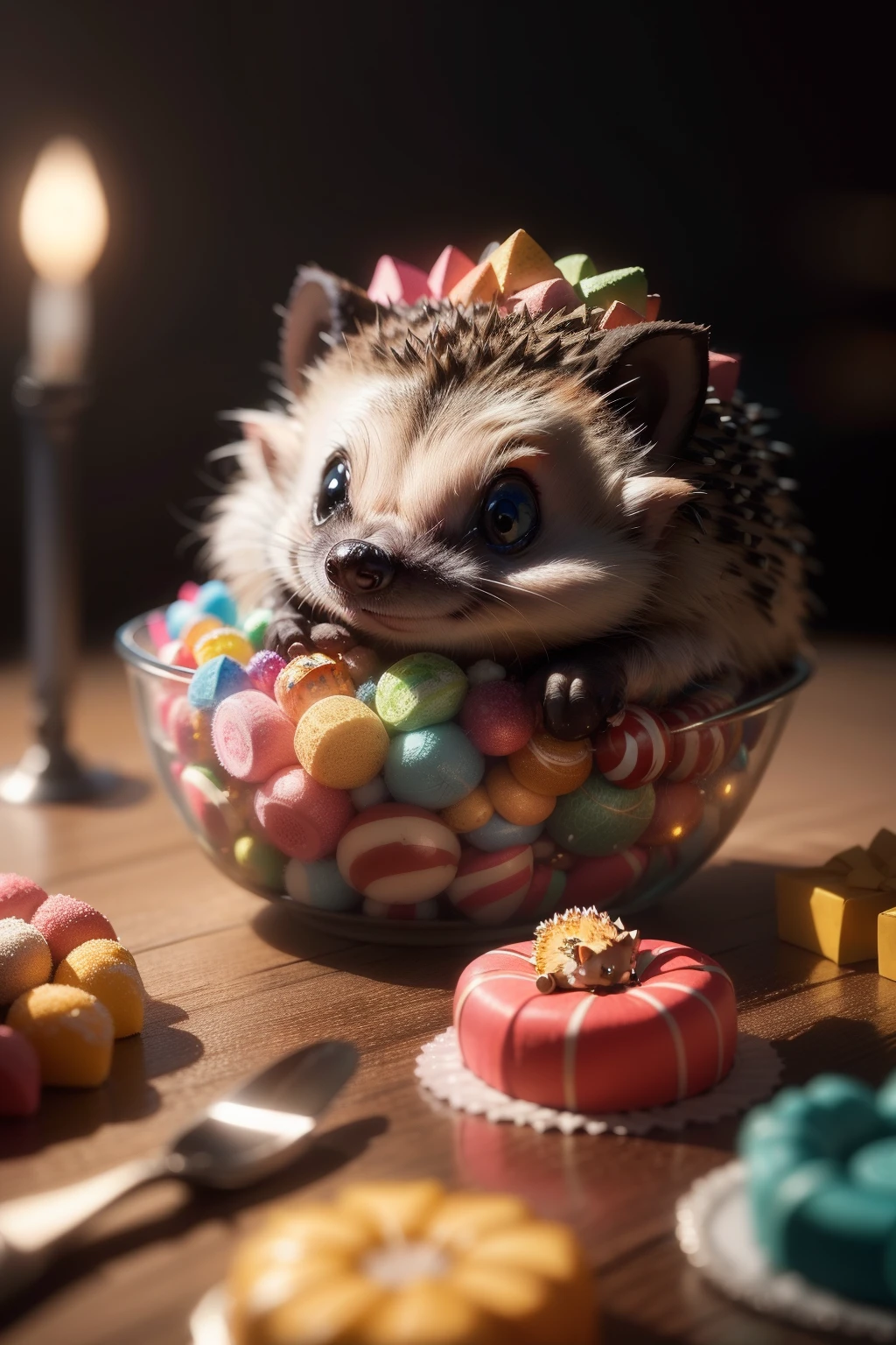 A delightful little hedgehog with a back adorned in a colorful array of various candies., cinematic shot + dynamic composition, incredibly detailed, sharpen, details + intricate detail + professional lighting, film lighting + 35mm + anamorphic + lightroom + cinematography + bokeh + lens flare + film grain + HDR10 + 8K + Roger Deakins, ((cinematic))