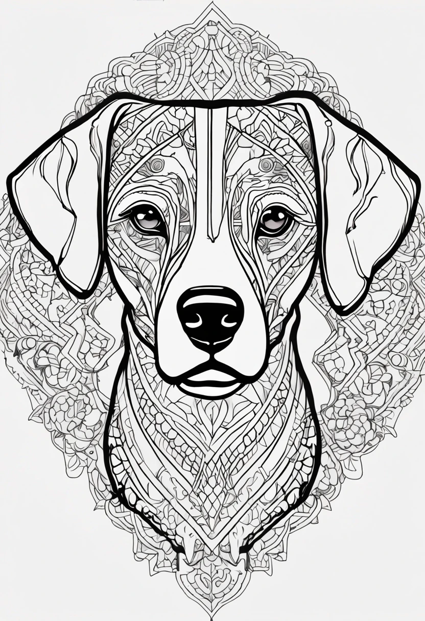 Desenho de Desenhos para colorir para adultos, linhas em negrito, linhas escuras, corpo mandala, corpo do filhote de cachorro, labrador retriever mandala cara de cachorro, Mandala Face, symmetric, Background Story, Arte de linha limpa, arte de linha fina, 512x 768 resolution