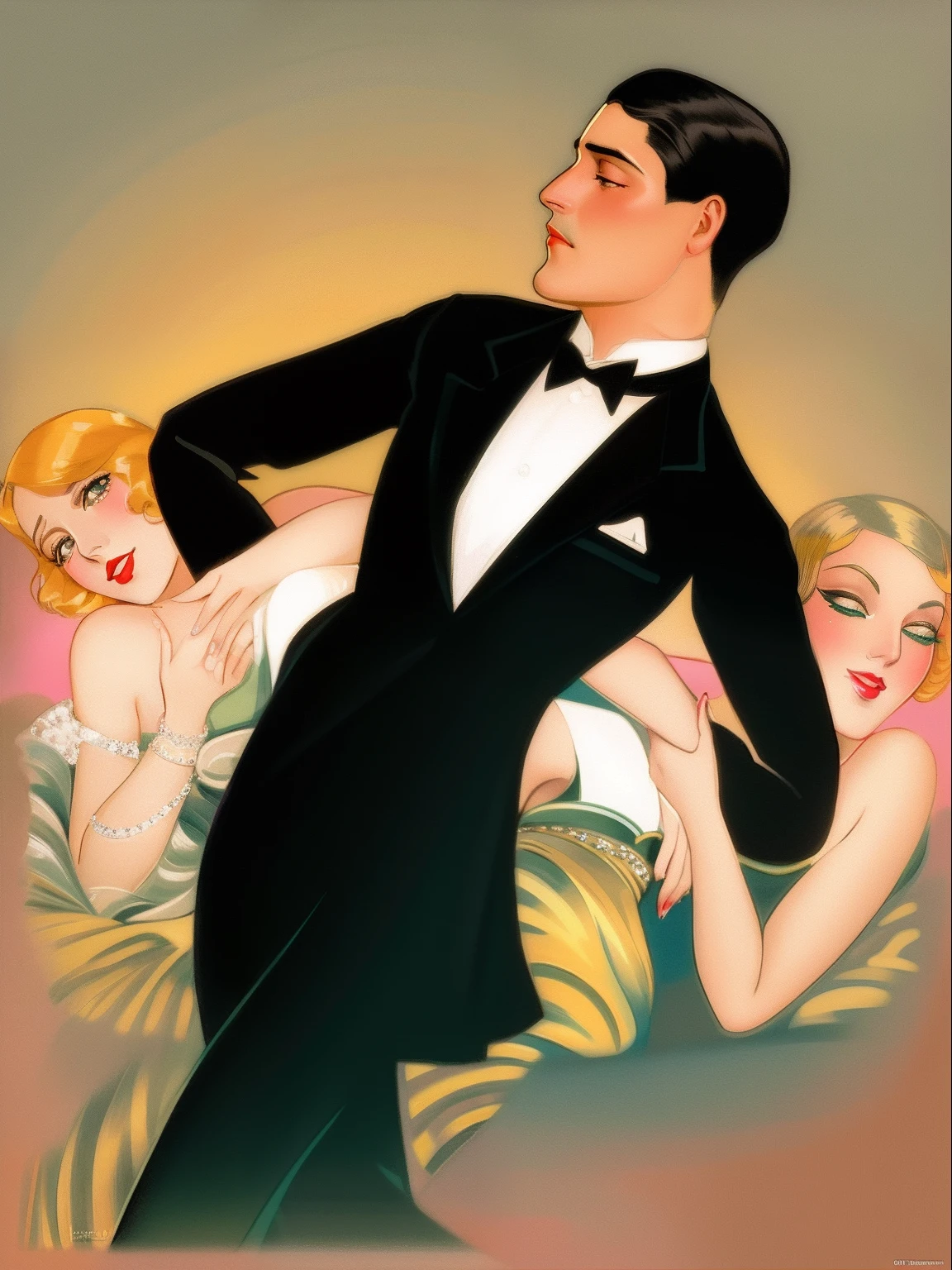 There's a man in a tuxedo and a woman in a dress, Enoque Bolles, Otto Schmidt, art deco illustration, Estilo Leyendecker, Art Deco dos anos 1920, Era do Jazz, Cartaz Art Deco, Directed by: Gerda Wegener, 1 9 2 0 s advertisement, 1 9 2 0 s ator de cinema, inspirado em Gerda Wegener