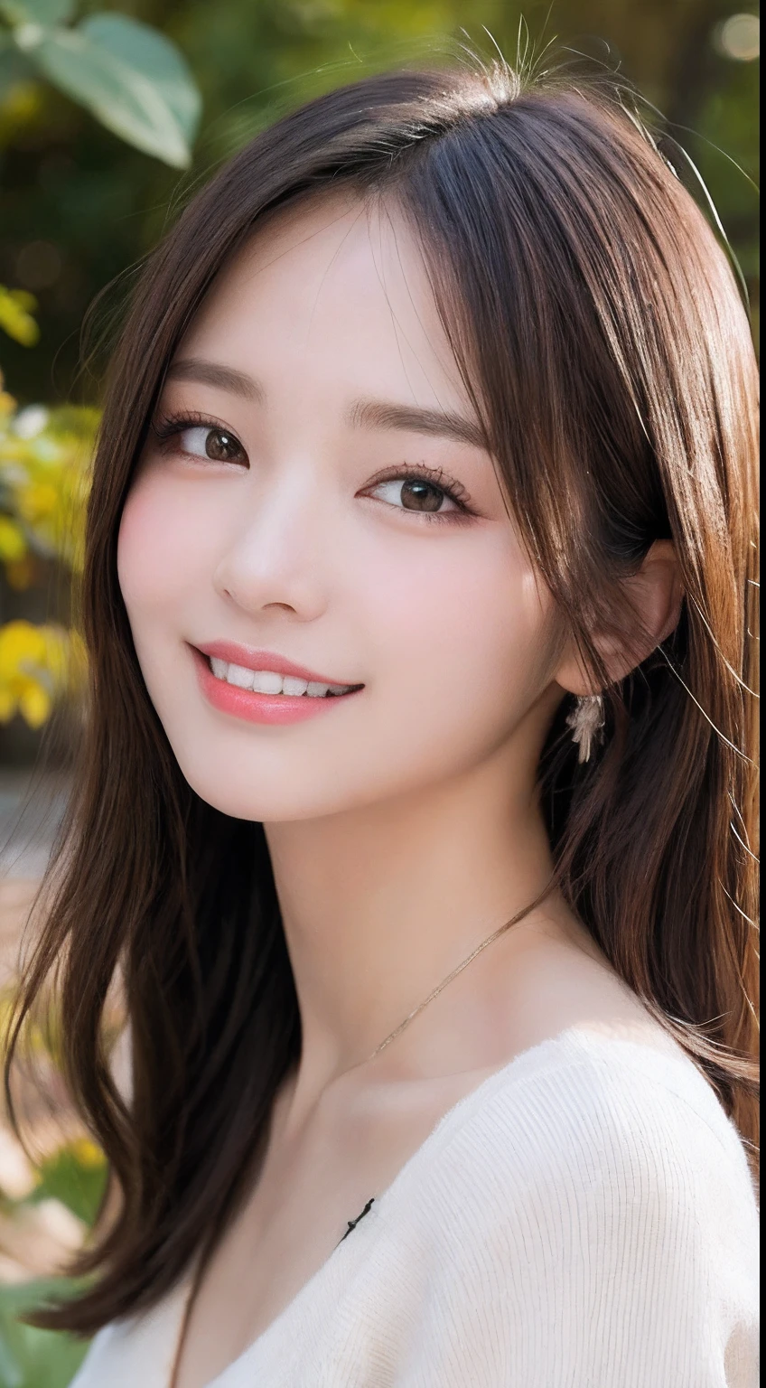 masutepiece, Best Quality, Illustration, Ultra-detailed, finely detail, hight resolution, 8K Wallpaper, Perfect dynamic composition, Beautiful detailed eyes, Women's Fashion🍂,Medium Hair,small tits、Natural Color Lip, Bold sexy poses,Smile,Harajuku、20 years girl、Cute、Sexy shot looking at camera