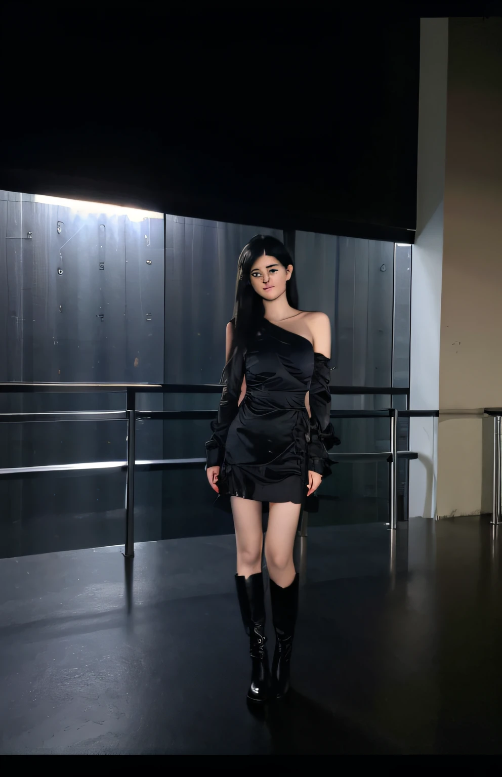 Best quality, masterpiece, ultra high res, (photorealistic:1.4), raw photo, 1girl, ((cute dress)), boots, ((straight long black hair)),airport, (long bangs: 1.2) cold light, full body