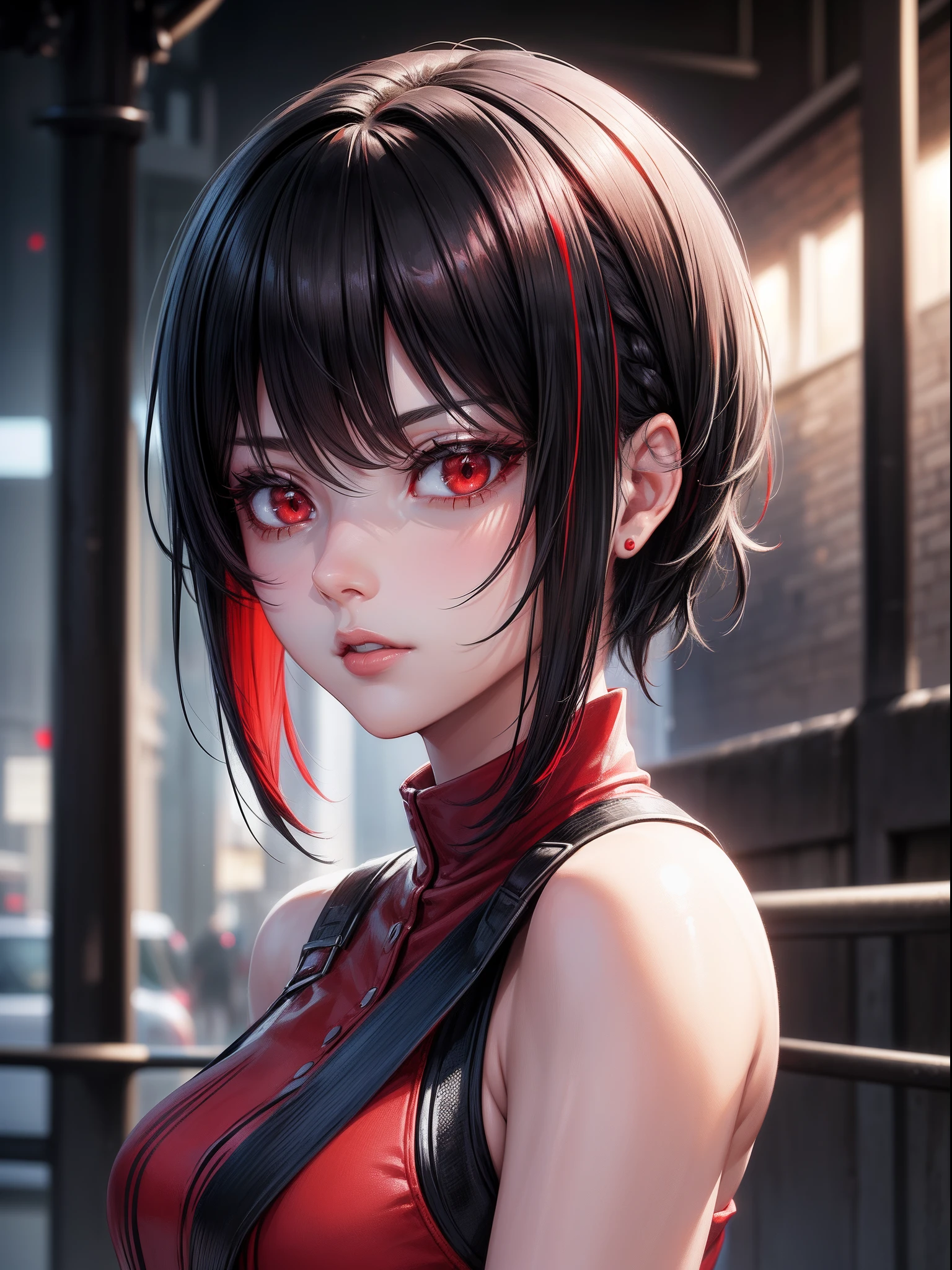 1girl, beautiful girl, (black short hair, Street hairstyle, Red color at the ends of the hair), ((red eyes, sharp eyes, beautiful eyes)), ultra details, realistic, realistic eyes, realistic hair, 8k,Cel shaded, Gel lighting, Light and cool lighting, realistic selfie