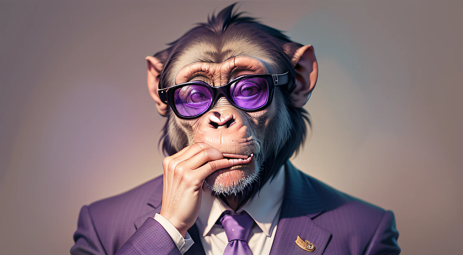 Chimpanzee with a very frightened expression, taking his hands to his mouth and wearing a purple suit and purple sunglasses