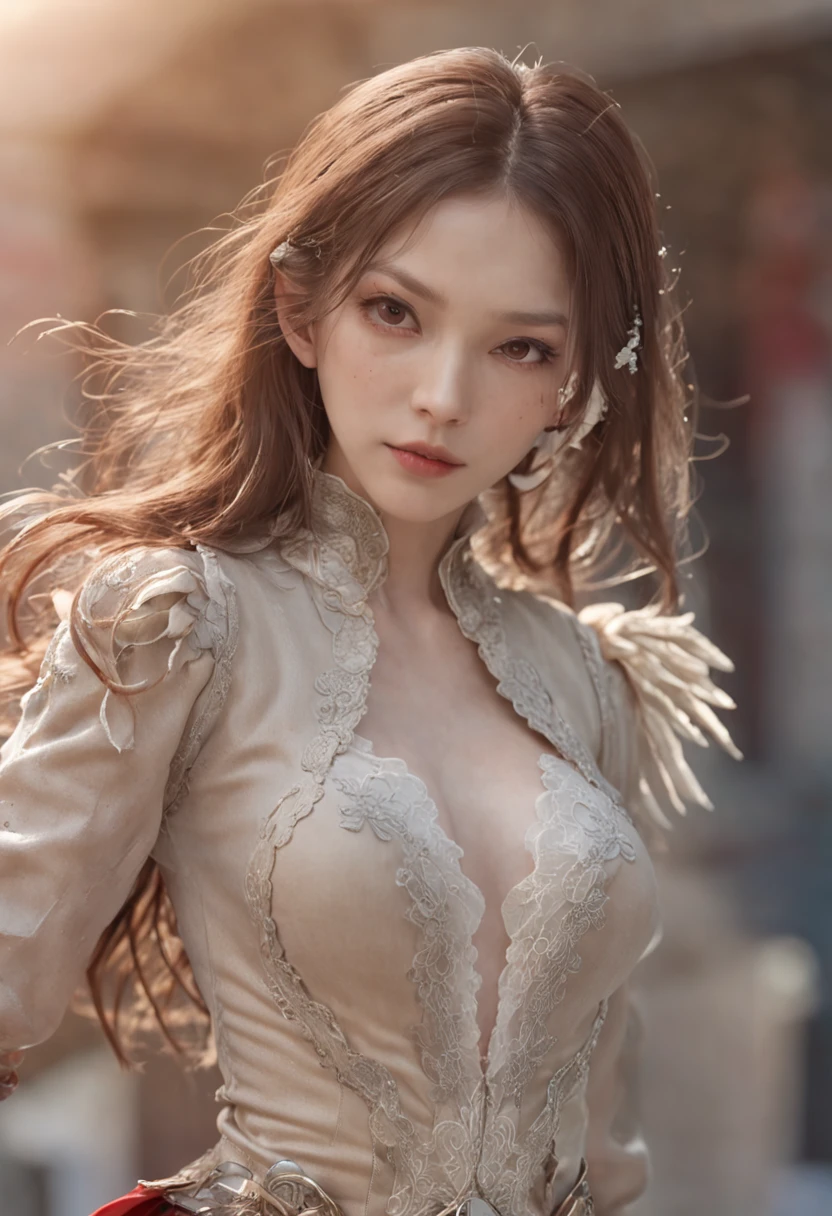 (1girll:1.5), Solo, (((Very detailed face)))),（Full Body Portrait 1.5）， ((Very detailed eyes and face)))), Beautiful detail eyes, Body parts__, offcial art, Unified 8K Wallpaper, super detailed, Beautiful and beautiful, Beautiful, masutepiece, Best Quality, Original, masutepiece, ultra fine photos, Best Quality, 超A high resolution, Realistic realism, Sunlight, Full body portrait, Amazing beauty, Dynamic Pose, Delicate face, Vibrant eyes, (From the front), She wears a tattered Supergirl short skirt suit, Red and blue color scheme, hide, very detailed city roof background, On the rooftop, overlooking a city, Detailed face, Detailed complex busy background, Messy, Gorgeous, Milky White, highly detailedskin, Realistic skin details, Visible Pore, Clear focus, Volume Fog, 8K UHD, Digital SLR, High quality, film grains, Fair skin, photorealisim, nffsw, Futuristic dystopian megalopolis, translucent