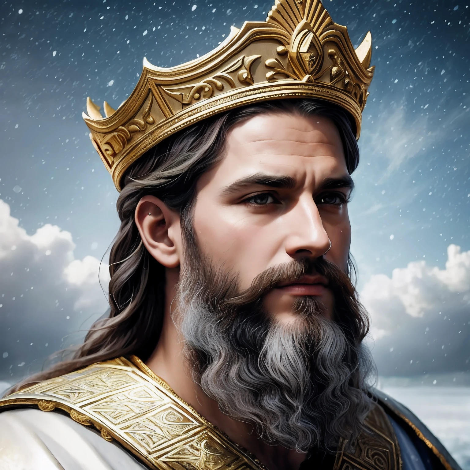 Image of a man with a crown on his head, Directed by: Roman Bezpalkiv, Grande Rei de Stovokor, Velho Rei Medieval, Imperador Romano, Retrato do Imperador da Humanidade, Rei dos Reis, deus imperador, Retrato Zeus, epic viking king, Directed by: Luis Miranda, herculean, Retrato do velho rei medieval, imperador real, Rei Viking