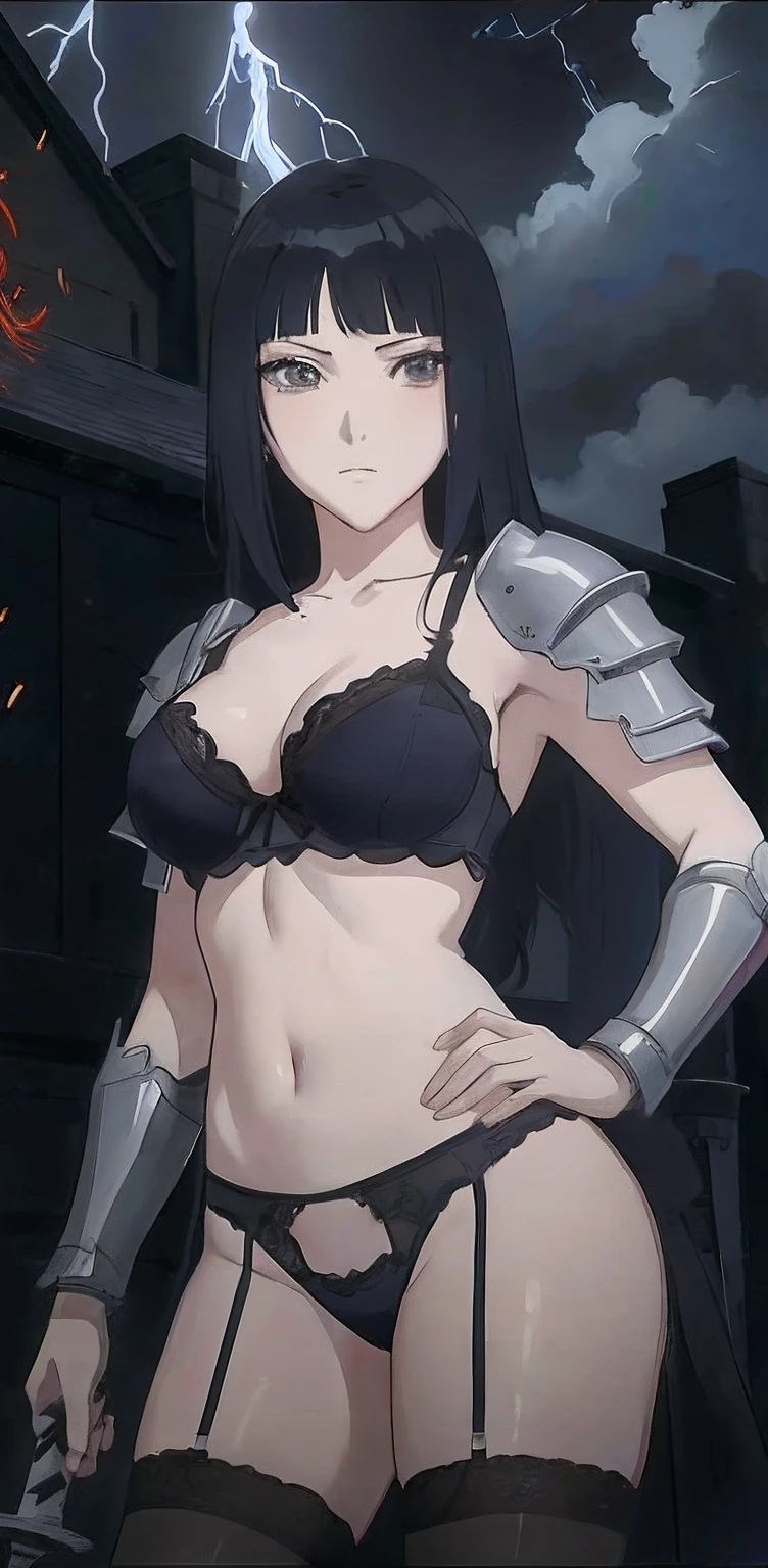 anime girl in lingerie with sword standing in front of a building, seductive anime girl, red lingerie,  female knight, female anime character, hinata hyuga, portrait of a female anime hero, beautiful alluring anime woman, red lingerie, anime woman,