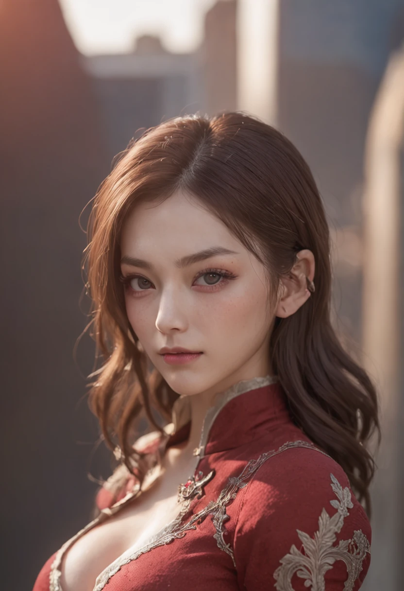 (1girll:1.5), Solo, (((Very detailed face)))),（Full Body Portrait 1.5）， ((Very detailed eyes and face)))), Beautiful detail eyes, Body parts__, offcial art, Unified 8K Wallpaper, super detailed, Beautiful and beautiful, Beautiful, masutepiece, Best Quality, Original, masutepiece, ultra fine photos, Best Quality, 超A high resolution, Realistic realism, Sunlight, Full body portrait, Amazing beauty, Dynamic Pose, Delicate face, Vibrant eyes, (From the front), She wears a tattered Supergirl short skirt suit, Red and blue color scheme, hide, very detailed city roof background, On the rooftop, overlooking a city, Detailed face, Detailed complex busy background, Messy, Gorgeous, Milky White, highly detailedskin, Realistic skin details, Visible Pore, Clear focus, Volume Fog, 8K UHD, Digital SLR, High quality, film grains, Fair skin, photorealisim, nffsw, Futuristic dystopian megalopolis, translucent