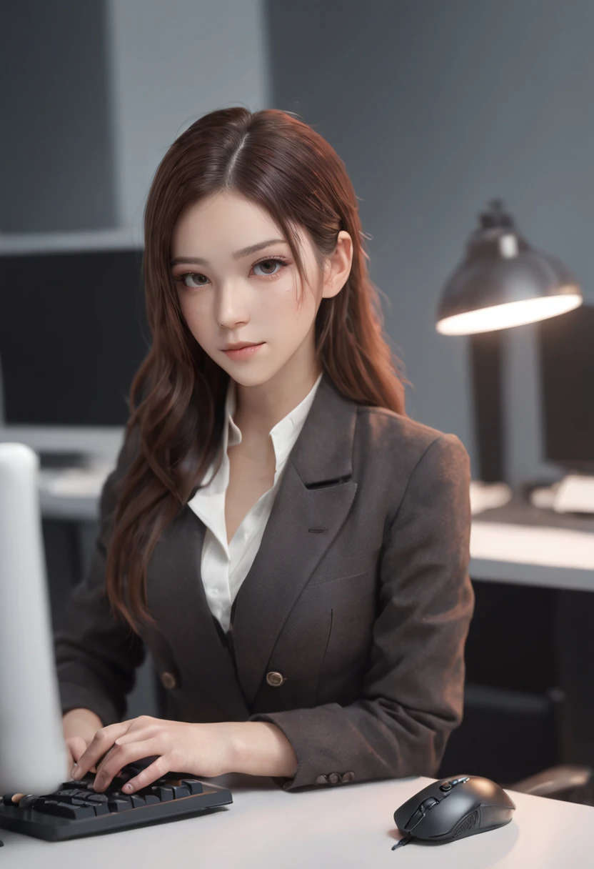 There was a woman sitting in front of a computer desk.，Look at your computer，View Down，View Down，Press and hold the keyboard, realistic art style, digital anime illustration, Realistic anime art, photorealistic art style, digital anime art, Realistic 3D anime style, realism artstyle, Digital Cartoon Painting, Realistic Students, digital character illustration, Anime Realism Style, realistic young anime girl, digital cartoon painting art, digital manga art