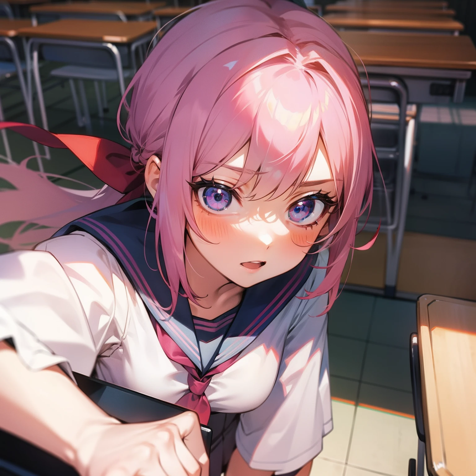 yandere girl in school uniform in a classroom