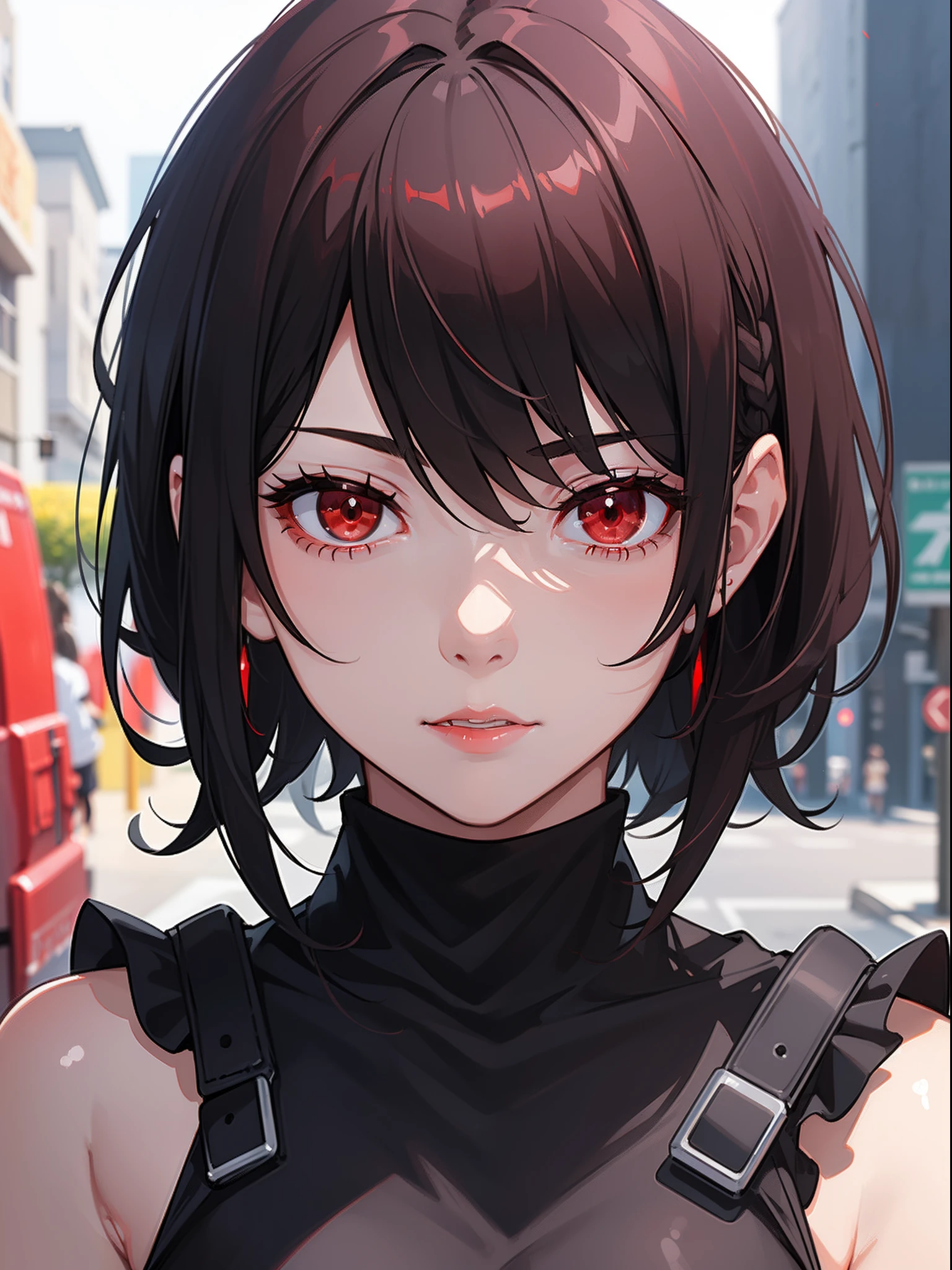 1girl, Beautiful girl, (black short hair, Street hairstyle, Red color at the ends of the hair), ((red eyes, sharp eyes, beatiful eyes)), ultra-detail, Realistic, realistic eyes, realistic hair, 8k,Cel shaded, Gel lighting, Light and cool lighting, Realistic selfie
