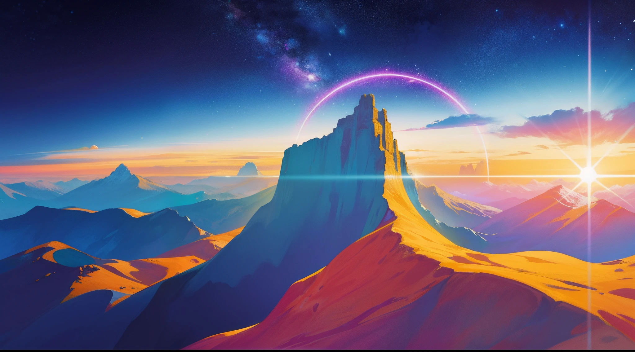A colorful view on the galaxy with the sun, in the style of surrealistic juxtapositions, intricate landscapes, gravity-defying landscapes