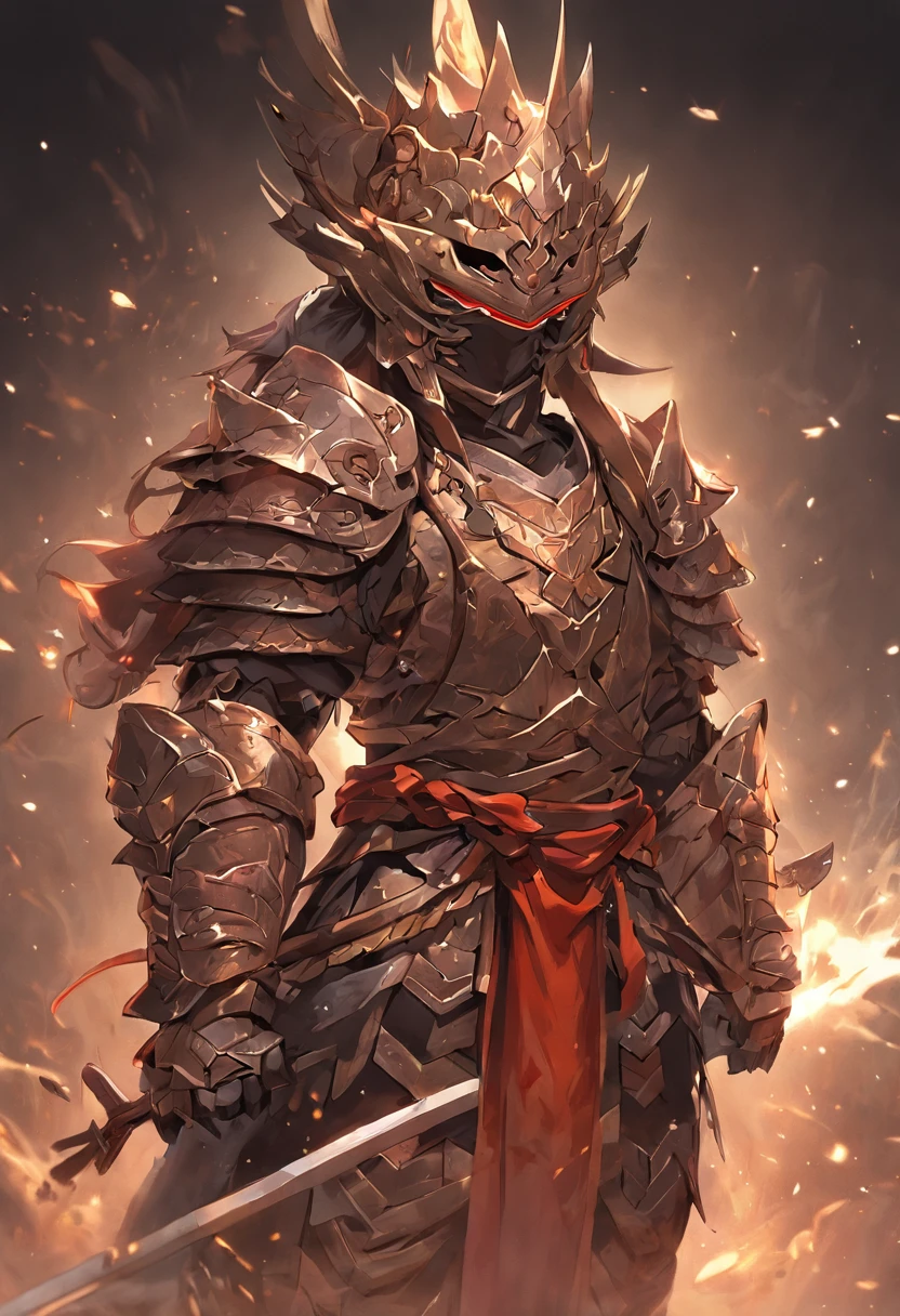 guerreiro, arte conceitual, Directed by: Kishi Ganku, arte de fantasia, Fundo do templo zen, clean render, um chifre, vestindo uma armadura, detailed bushido form smoke, capacete de uma divindade esquecida, character is standing, 8k realista, in game render, detalhe detalhado do fundo do rosto, Art Station home page, boi, pseudo - fantasia medieval, Divindade com armadura koi, armadura de bronze detalhada, Armadura de Bronze, armadura gravada dourada, Armadura Obsidiana de Ouro, armadura de ouro claro, armadura de filigrana ornamentada, demon warrior, armadura ornamentada coberta de espinhos, intrincada armadura assasin, intrincada armadura de metal, Formidable warrior, revestido com uma armadura dourada ornamentada adornada com desenhos intrincados, capacete ostentando uma grande crista e dois chifres, tudo contra um escuro, smoky scenery suggestive of a battle scene, lending a sinister aura to your persona