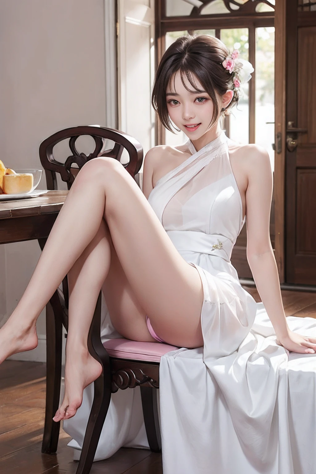 Cute and beautiful woman、(((Wearing a beautiful white dress:1.3)))、((During sexual ))、((nearly naked))、Smile full of happiness、Panting face、Lacking、Sweating、Expression in a state of excitement、Dark brown shorthair、(eye glass)、Floral kimono、(((Pink panties look flickering)))、moaning in pain, Taut, , short-hair, Full body like、((Combine legs and sit on a chair))