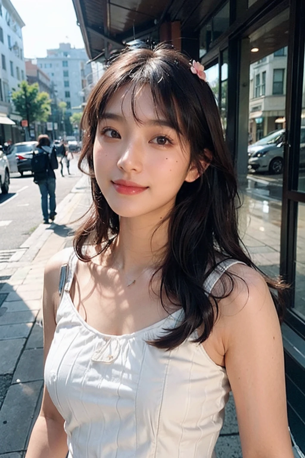 (8k, highest quality, masterpiece: 1.2), Super detailed, highest quality, Ultra-high resolution, Depth of written boundary,(Super detailedな,Caustics),(Photorealistic:1.4,RAW shooting,)Ultra-Realistic Capture,(Very detailed,High definition 16K for human skin,The skin texture is natural,Skin appears even-toned and healthy),(Use natural light and colour,One Woman Wide Lighting,Natural Shading),Japanese,1 girl, Beautiful Eyes, Short, Brown hair, Showing forehead, Mature hairstyle, **White long dress, Facing forward, Upper body facing forward**, Resort wear, Beach, (Sunlight:1.4)
