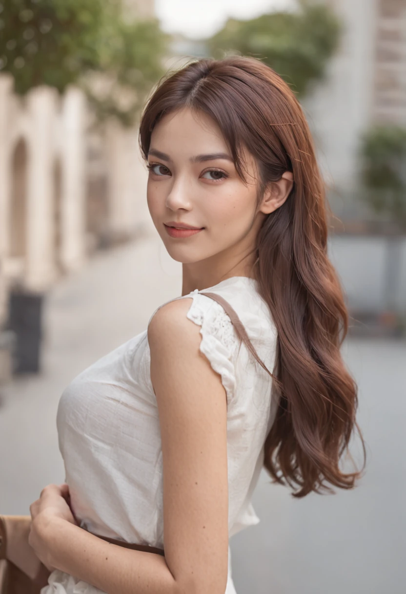 ((best qualtiy,8K,Slim Faces:1.3)),1girll,ssmile,Slim Faces,Beautiful woman,with short dark brown hair,White crisp shirt at upper body, Wide leg jeans at the bottom,Athletic Sneakers,Super Detailed Face,Detailed eyes,二重まぶた,in a cafe