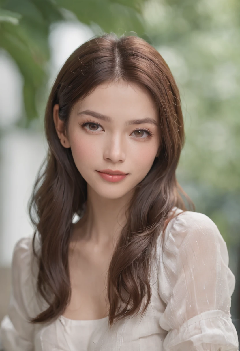 ((best qualtiy,8K,Slim Faces:1.3)),1girll,ssmile,Slim Faces,Beautiful woman,with short dark brown hair,White crisp shirt at upper body, Wide leg jeans at the bottom,Athletic Sneakers,Super Detailed Face,Detailed eyes,二重まぶた,in a cafe