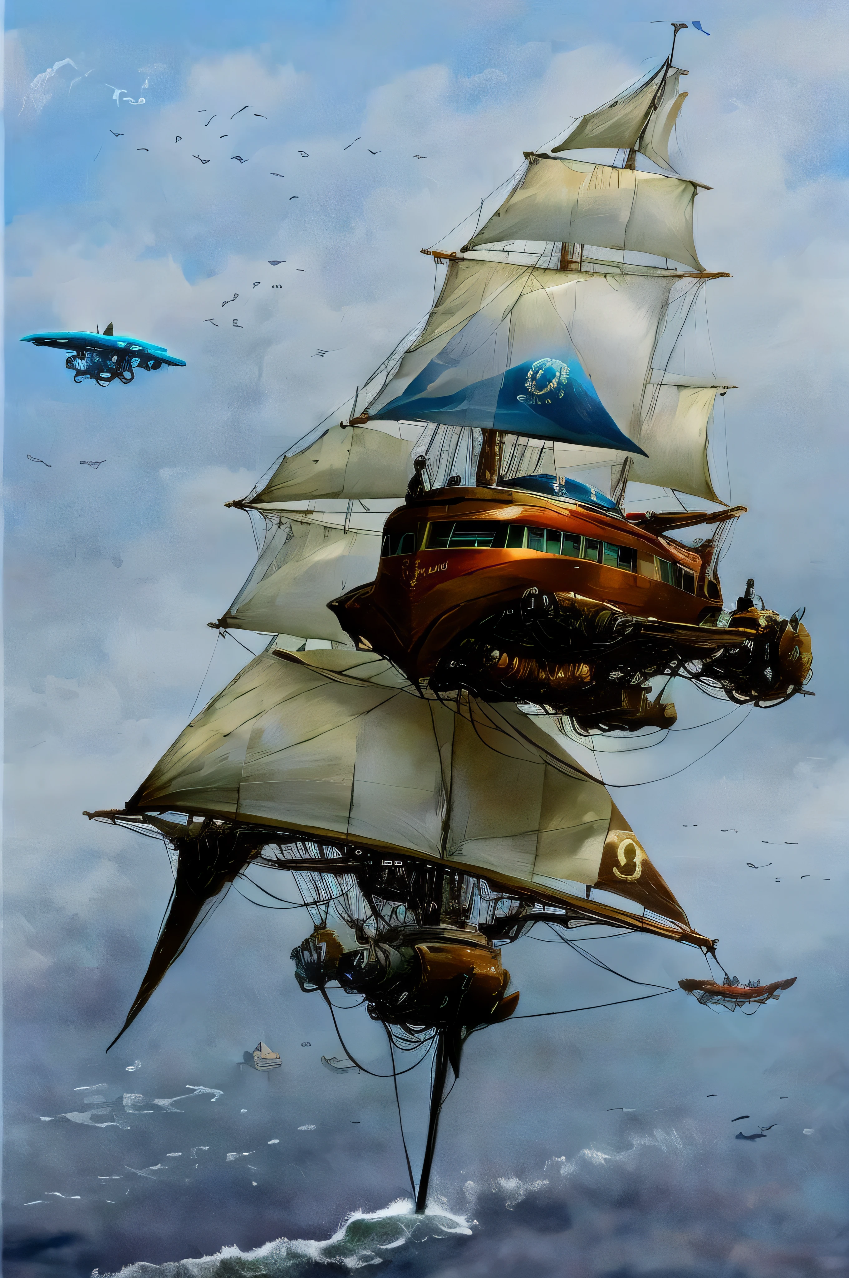 Velero futurista volando a cielo abierto entre las nubes mientras muy abajo el agitado mar de enormes olas choca contra acantilados