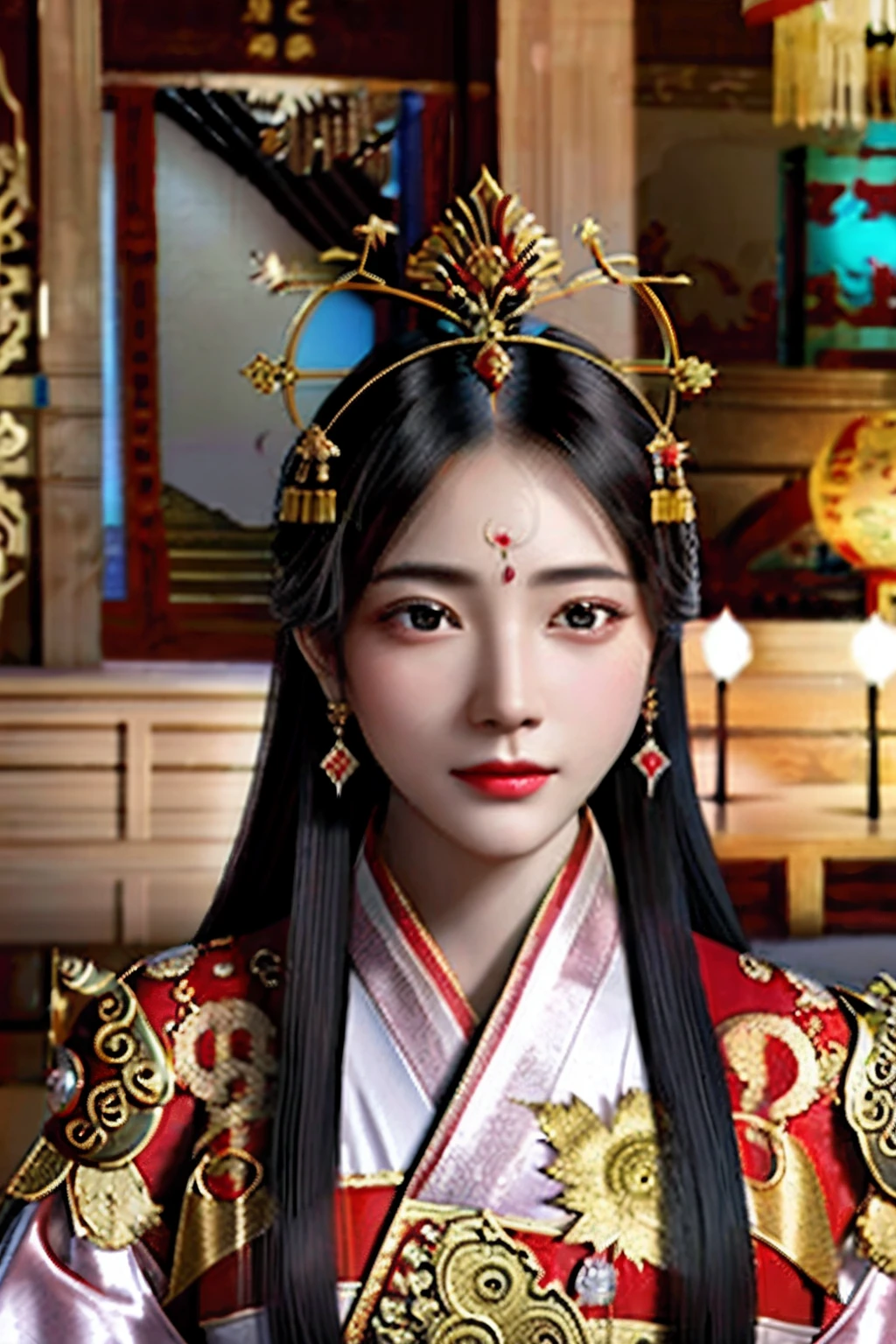 A woman wearing a gold headdress and a red dress, a beautiful fantasy empress, China Princess, ((a beautiful fantasy empress)), Palace ， A girl in Hanfu, ultra realistic fantasy tiara, Beautiful rendering of the Tang Dynasty, Princesa chinesa antiga, Chinese girl, Chinese style, xianxia fantasy, beautiful female princess, Beautiful Asian girl, Beautiful Elegant