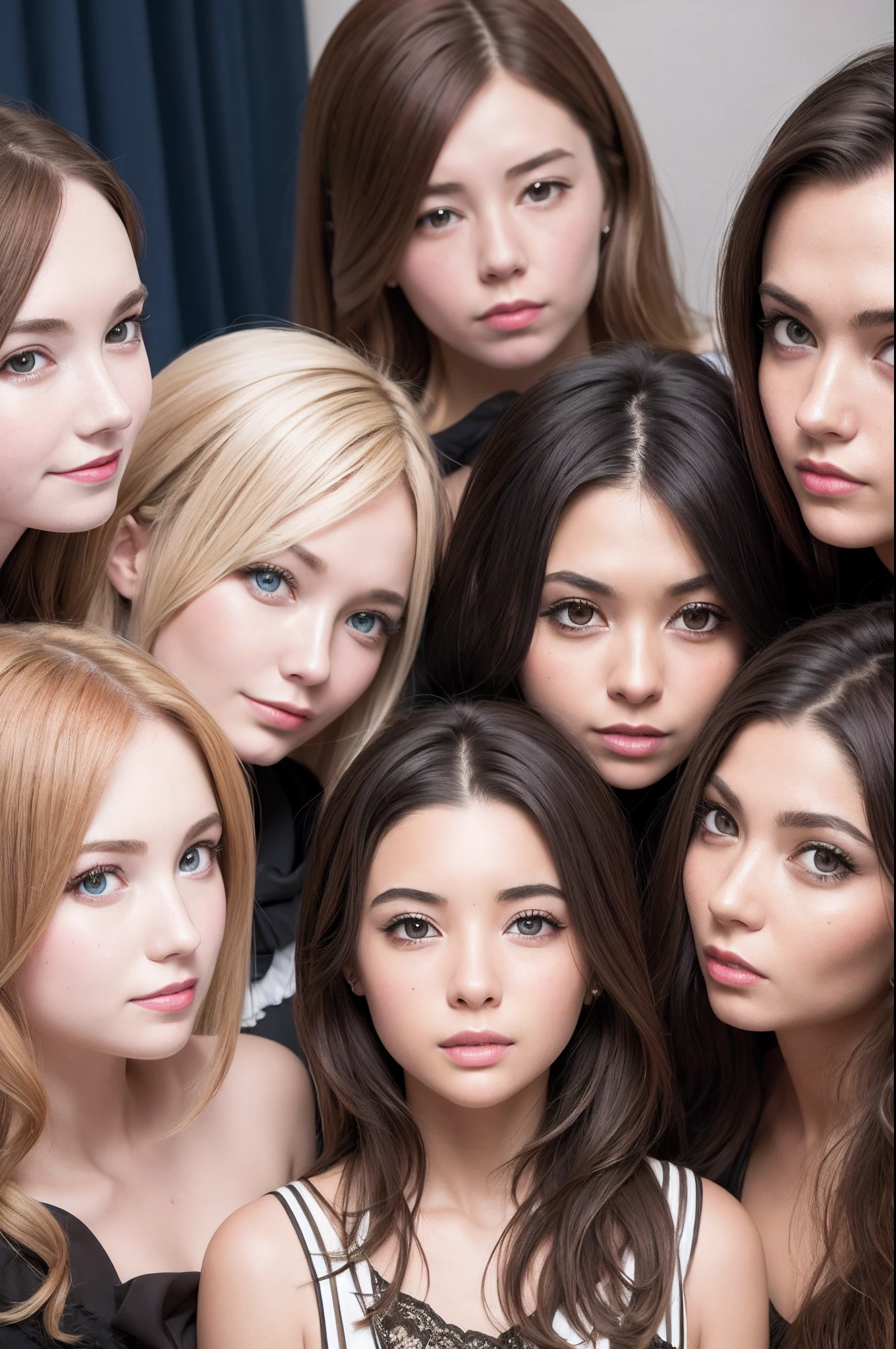 professional group portrait photo of 7 real european young woman locking mischievous at viewer, faces ,