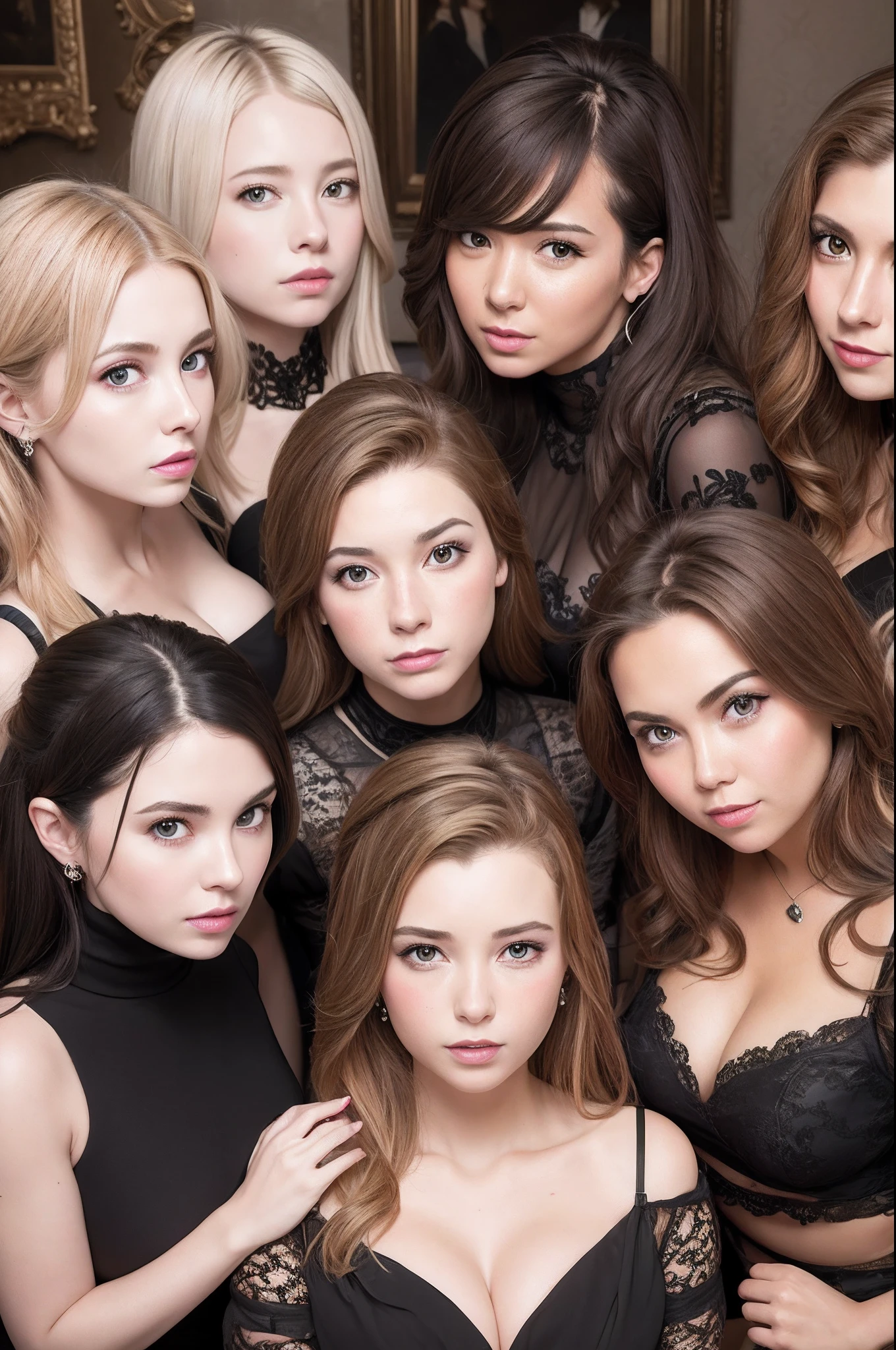 professional group portrait photo of 7 real european young woman locking mischievous at viewer, faces ,