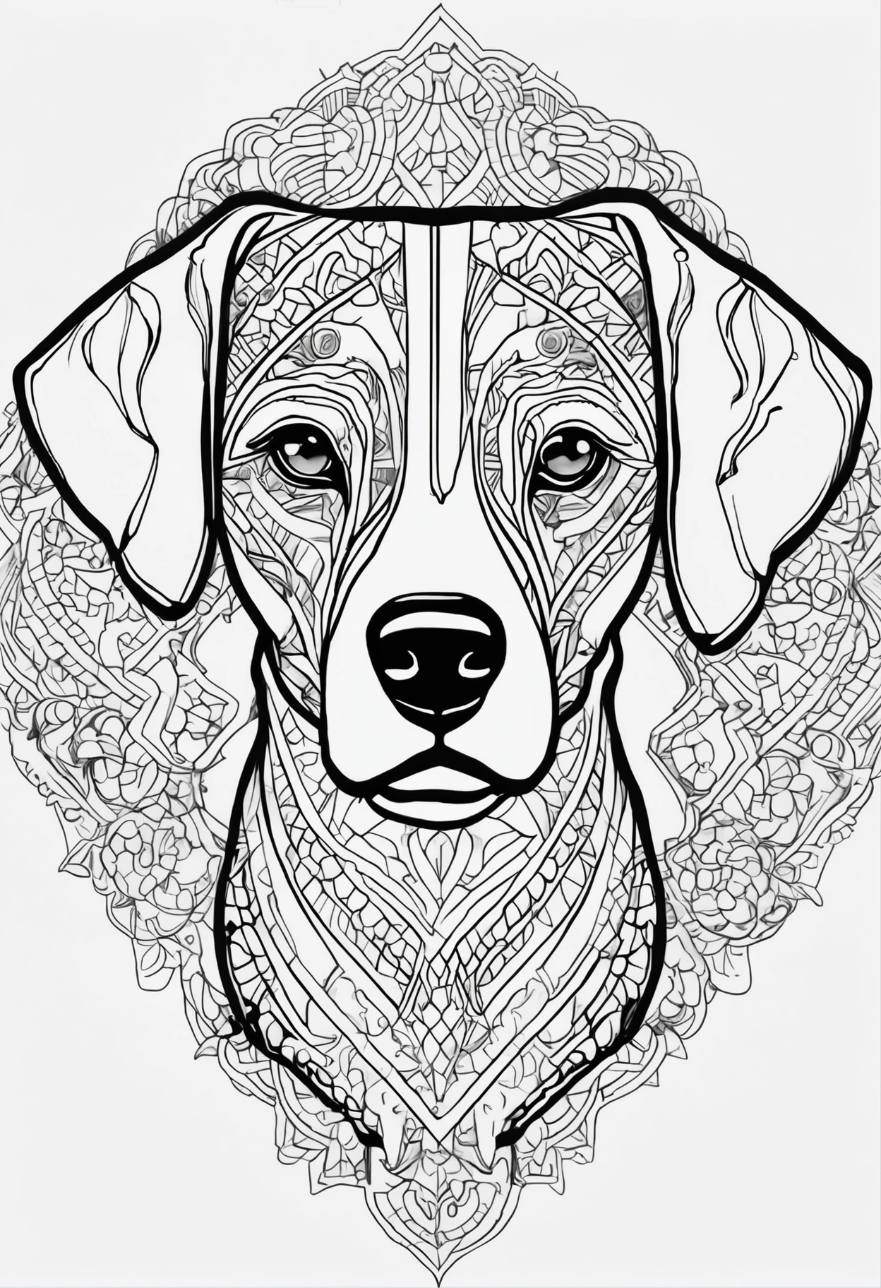 Desenho de Desenhos para colorir para adultos, linhas em negrito, linhas escuras, corpo mandala, corpo do filhote de cachorro, labrador retriever mandala cara de cachorro, Mandala Face, symmetric, Background Story, Arte de linha limpa, arte de linha fina, 512x 768 resolution