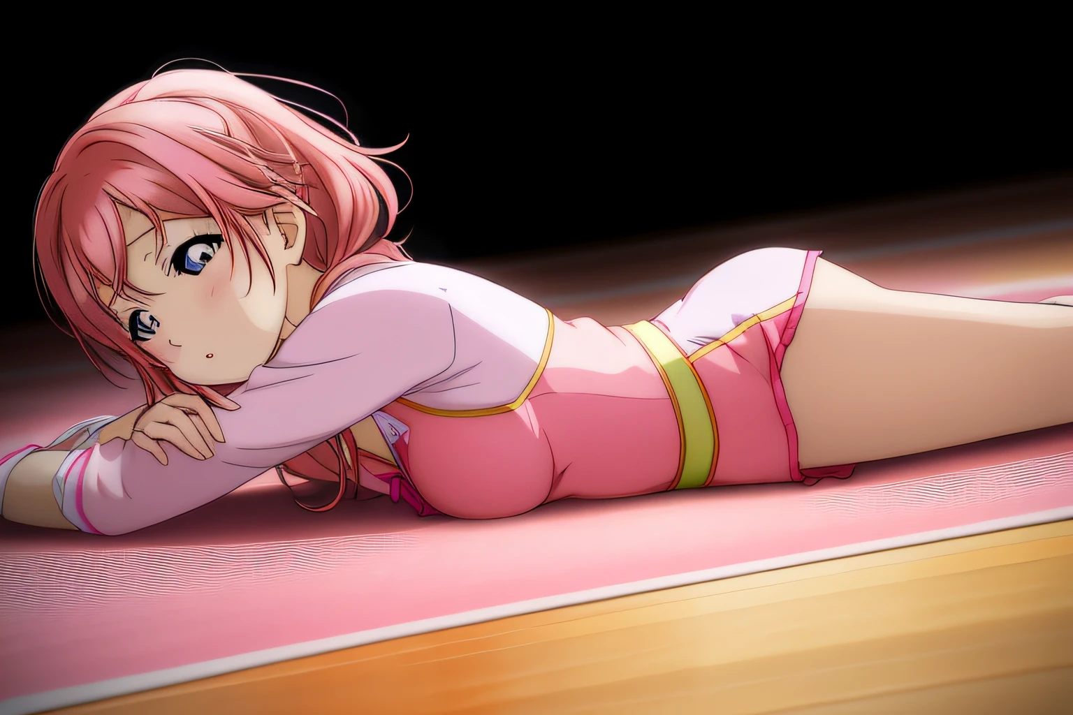 arafed woman in pink underwear laying on the floor with a needle, photorealistic anime girl render, lying dynamic pose, rendered in sfm, Smooth anime cg art, pink body, anime girl, bubblegum body, relaxed pose, some pink, render of a cute anime girl, pink girl, smooth pink skin, seductive anime girl