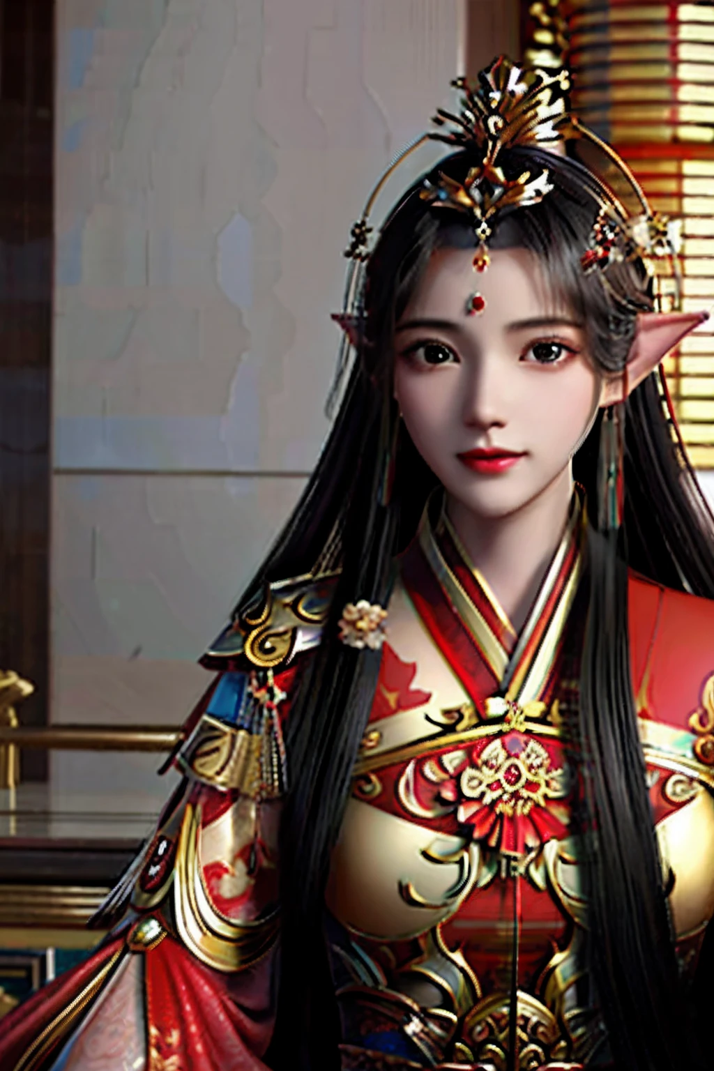 A woman wearing a gold headdress and a red dress, a beautiful fantasy empress, China Princess, ((a beautiful fantasy empress)), Palace , A girl in Hanfu, ultra realistic fantasy tiara, Beautiful rendering of the Tang Dynasty, Princesa chinesa antiga, Chinese girl, Chinese style, xianxia fantasy, beautiful female princess, Beautiful Asian girl, beautiful and elegant elf queen