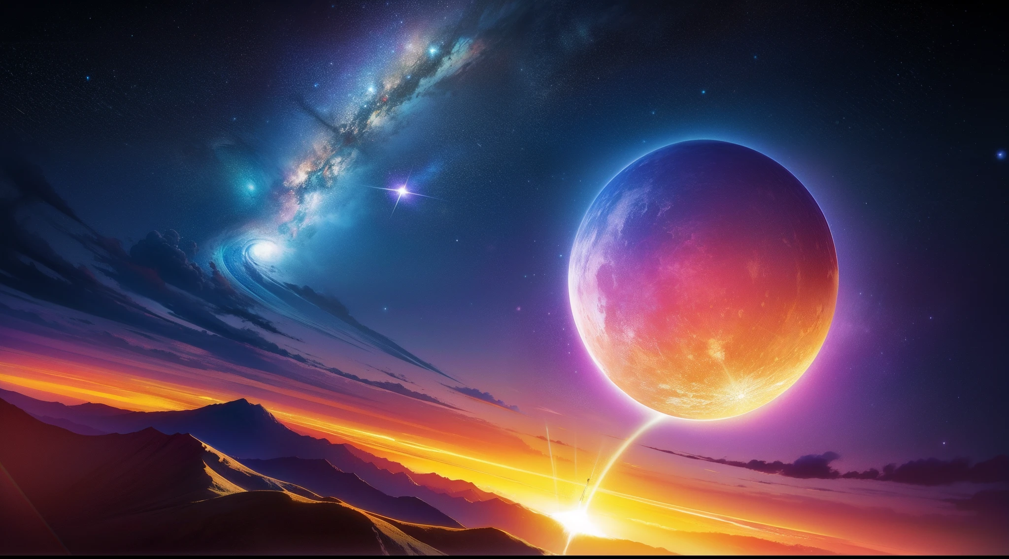 A colorful view on the galaxy with the sun, in the style of surrealistic juxtapositions, intricate landscapes, gravity-defying landscapes