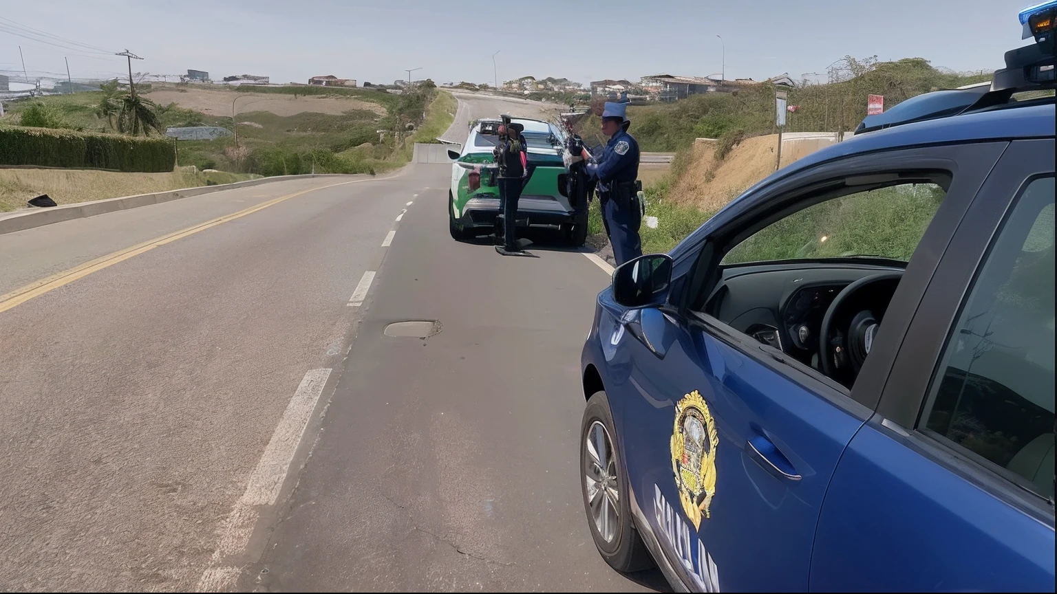 There are two police officers standing next to a car on the side of the road, Servando Lupini, viaturas policiais, capturar, Google Street View, taxis, video still, carros na estrada, reboque, Directed by: Jacob Pynas, 480p, 4 8 0 p, Camrea ruim, Preso, Impasse mexicano, vista para a rua, Tesla Police