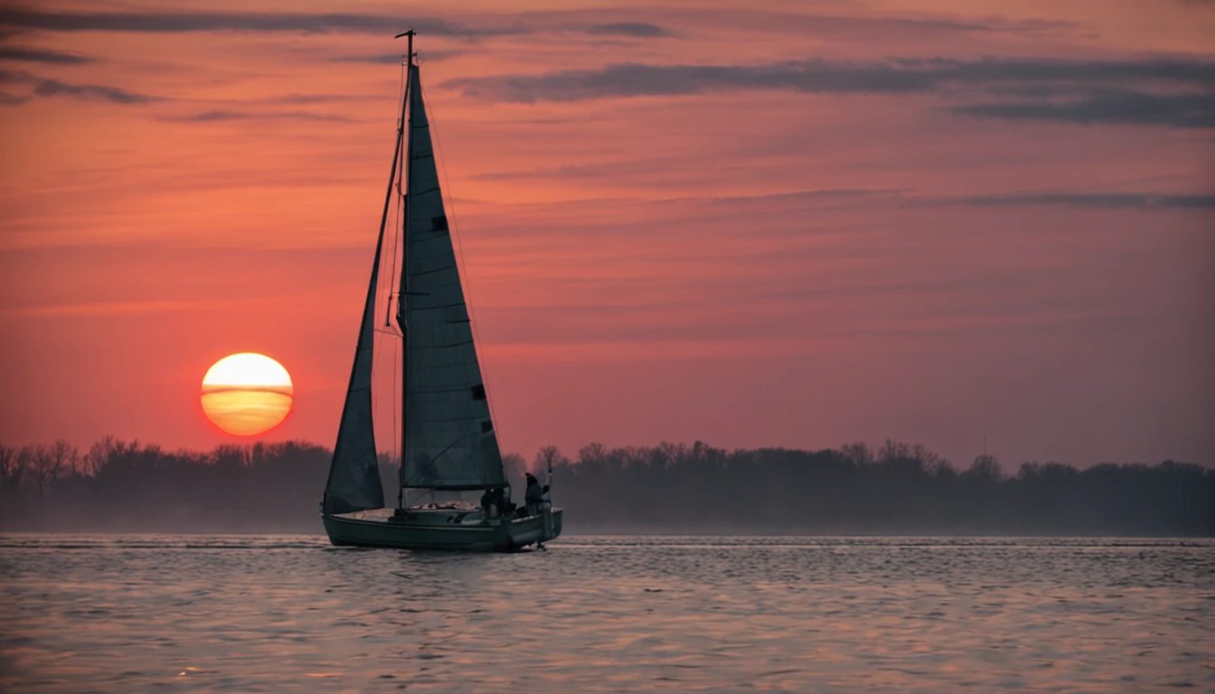 John's sailboat on Lake Erie at sunset, ominous fog rolls in.
