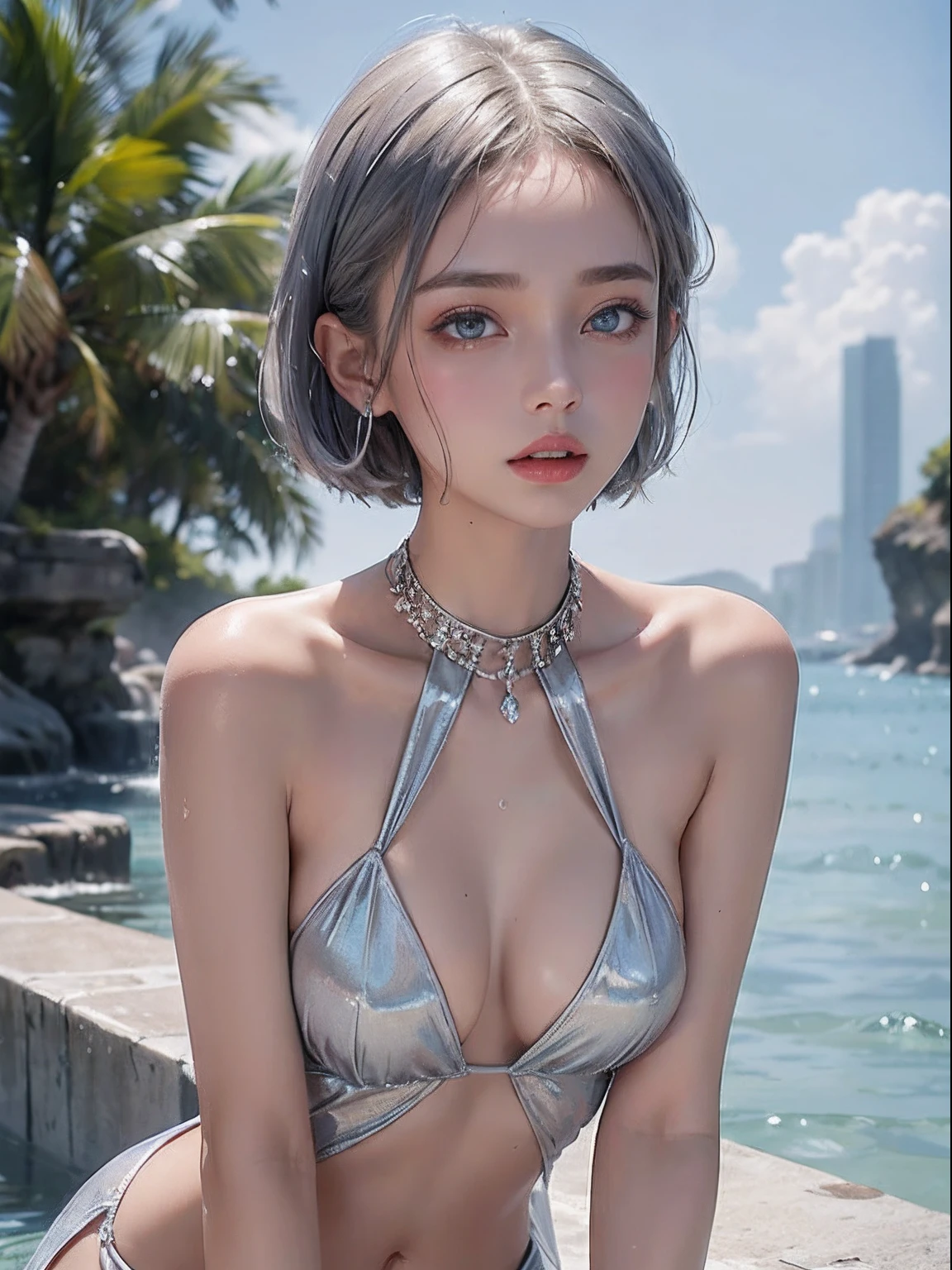 Platinum Color Asymmetrical Shorthair. Very young and beautiful 18 year old girl in silver halter neck dress with dainty decoration、all-fours、Eyes are blue、Wet hair、Wet skin、sodden、Nothing in the background、Navel Ejection、