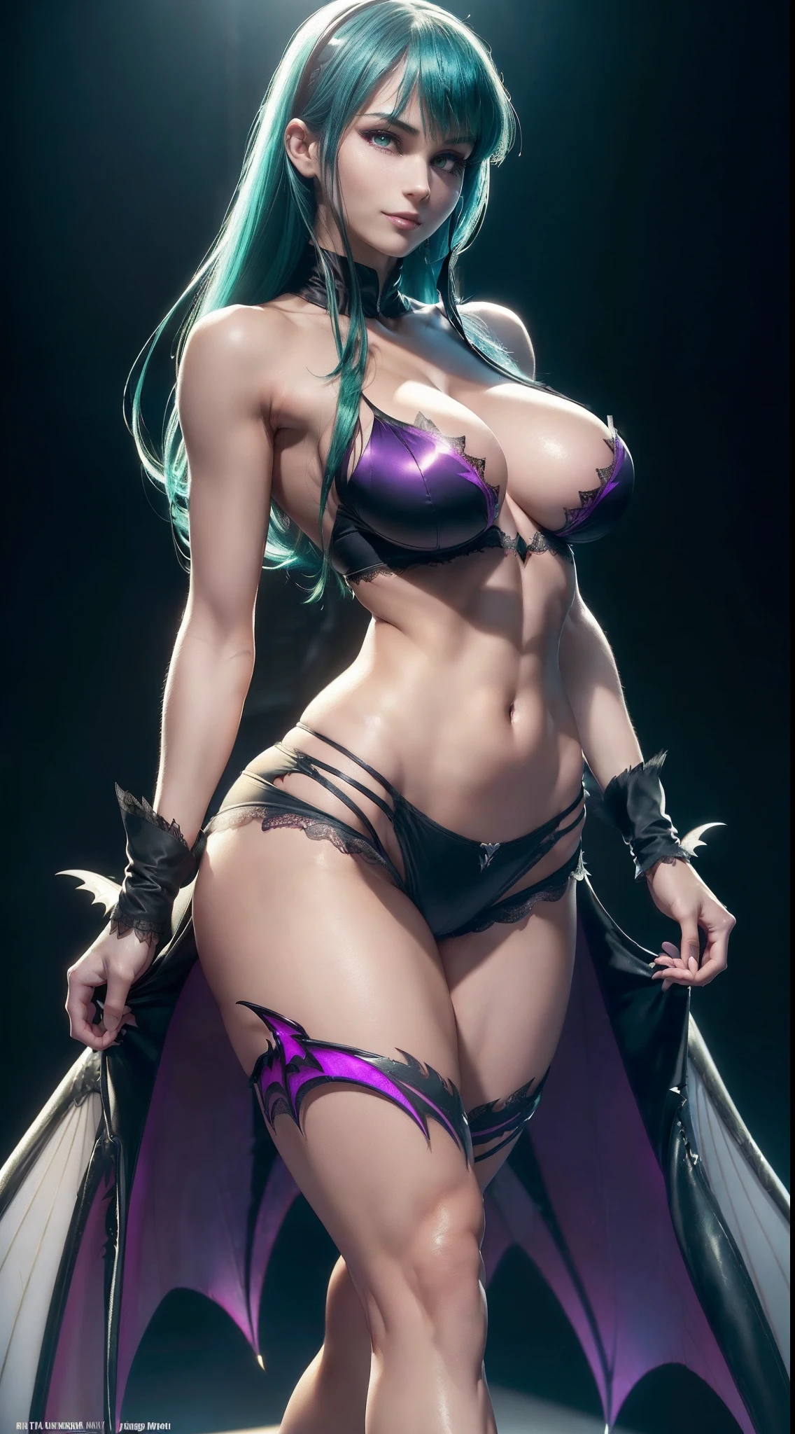 ((ultra high definition)), ((ultra high resolution)), ((full sharpness)), ((maximum quality)), ((Cinematic)), ((8k)), (((Morrigan Aensland))), ((identical to the character from the game Darkstalkers)), ((extremely beautiful)), ((alone)), ((full body)), ((ultra detailed face)), ((ultra detailed eyes)), ((ultra realist eyes)), ((perfect body)), ((delicate hands)), ((very detailed hands)), ((studio lighting)), ((side view)), ((very happy smile)), ((smooth skin)), ((very small breasts)), ((very big ass)), ((ultra wide hips)), ((huge hips)), ((ultra wide hip bones)), ((very wide pubis)), ((ultra thick thighs)), ((natural skin)), ((unique)), ((totally realistic)), ((so sweet)), ((always the same face)), ((repeat always the same face)), ((always the same body)), ((always the same proportions)), ((looking at the camera)), ((wearing tight shorts)), ((no belly)), ((flat belly)), ((no fat))