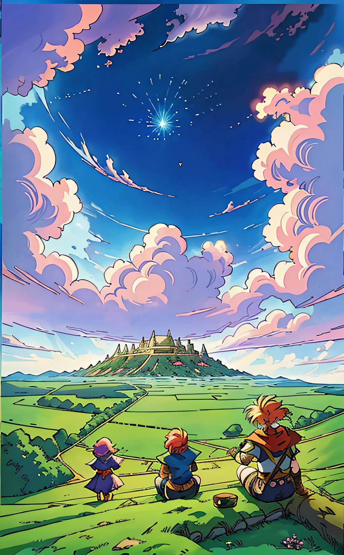 a group of anime characters sitting on a field under a blue sky, red meteor coming, meteor in the sky, sky becoming red, something coming from the sky, meteor approach, key art, official anime artwork, official art, anime key art, anime key visual concept art of, detailed key anime art, anime key visual concept, from xenoblade chronicles, secret of mana, anime background key visual, digimon key art, key visual, gigantic landscape!, high quality, best quality, high detail, perfect draw, official artwork, detailed cover artwork, key art, promo art, album art, front cover of a new video game, enhanced, official art, anime cover, board game cover art, promotional art, box art, album art cover, game cover, battle chasers, official anime artwork, album cover, high-quality face, high quality hand, by bestiary_style, fantasy, armor, sword, extreme quality, rpg, armageddon, multiple hair styles and colors, hair variation, rpg class, fighter, wizard, thief, priest, d&d, chrono trigger, octopath tra