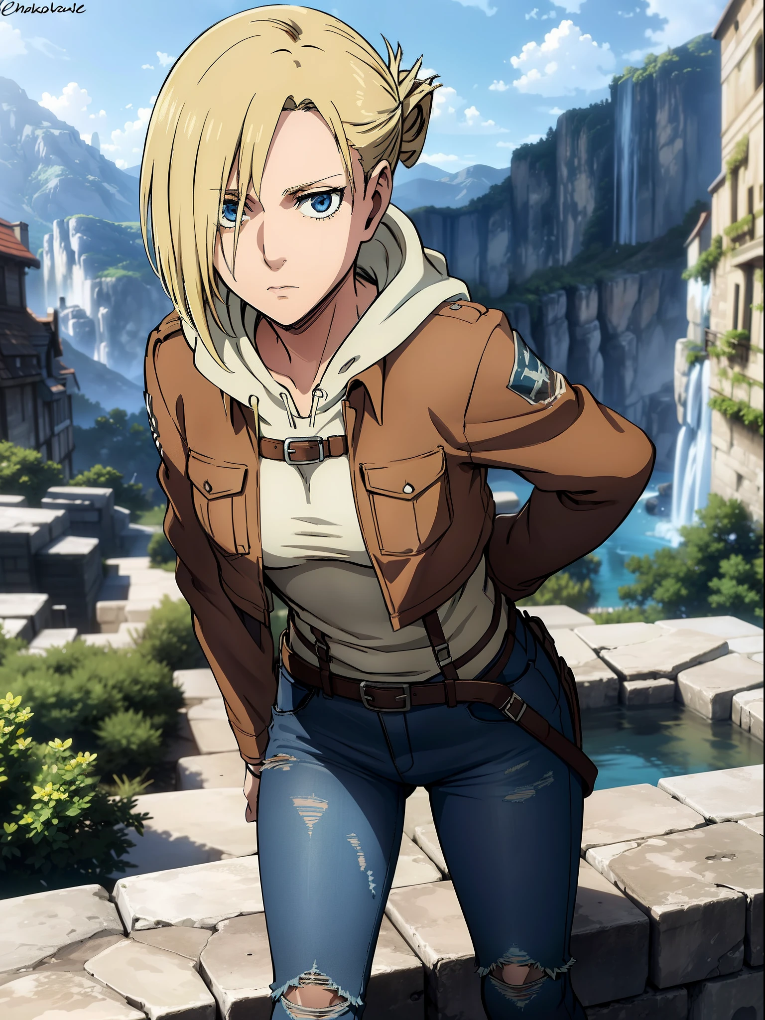 ((best quality)), ((masterpiece)), highly detailed, 8k, (TEEN female), annieaot,solo, short length paradis_military_uniform, jacket, open jacket, full_length_tucked-in_pale_brown_hooded_undershirt, uniform, military_uniform, blue_denim_jeans, dark brown waist harness on jeans, extremely detailed face, sneakers, extremely_detailed_blue_denim_mid-rise_ripped_tight_jeans, pants, dark_brown_waist_harness_on_white_jeans, waist belt, thigh belts, fit glutes, sneakers, dramatic lighting, Large anime eyes, best quality eyes, sfw, 1girl, sky, mountains, waterfall, From_way_below, depth of field, depth of field, sexy pose, small breast, small breast,