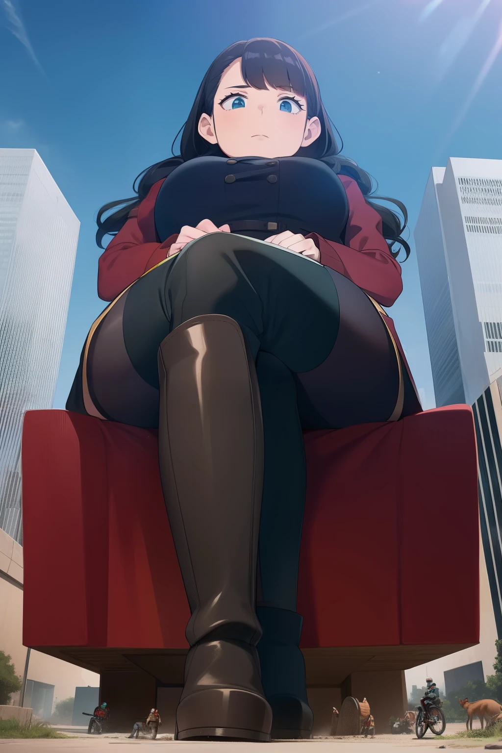Giantess wearing boots looking down on ants, full body shot, towering over you, crossed legs, sitting down