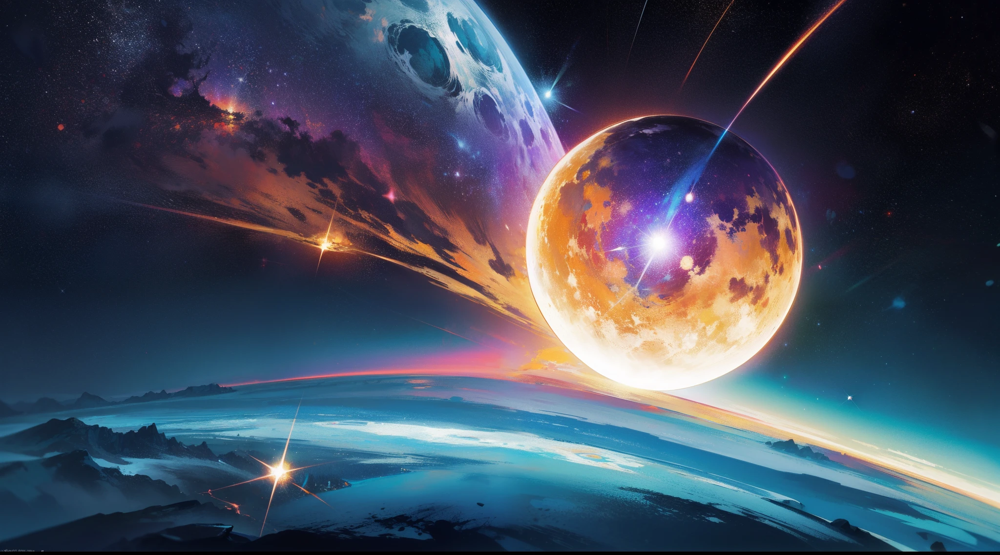 A colorful view on the galaxy with the sun, in the style of surrealistic juxtapositions, intricate landscapes, gravity-defying landscapes