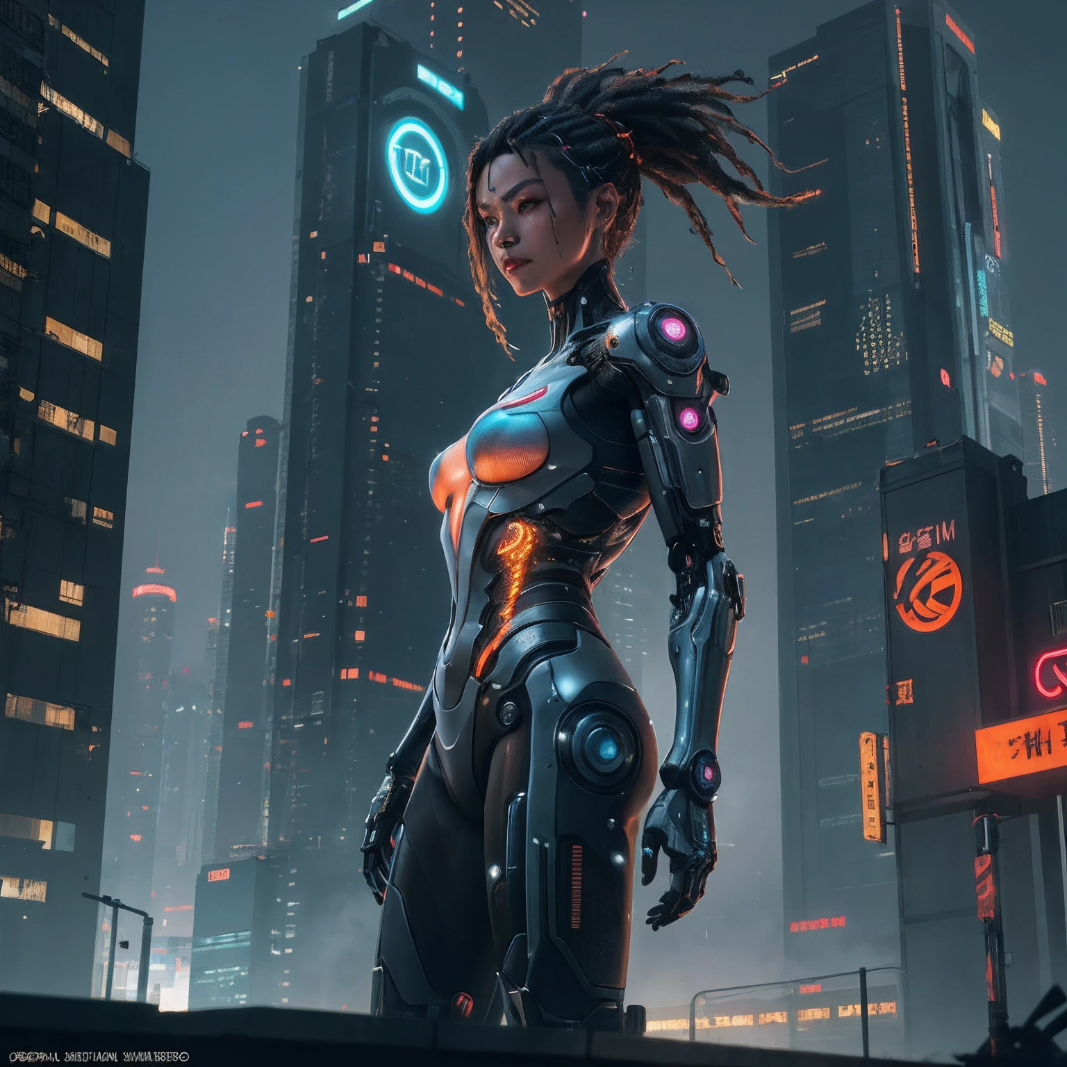 1girl, a beautiful girl cyborg cyberpunk with a futuristic city tall buildings, white and orange suit color combination, full of robotic, have a hologram sytem, asian skin tone, machine merge with him, realistic machine, sci fi cityscape, manipulation is a masterpiece, long hair, masterpiece, suit of cyberpunk, realistic sci fi building texture mech- aestethic, digital cyberpunk, looming over a city, silvain sarrailh, cyberpunk anime art, realistic hair, lots of hair, realistic metal solid texture of building, realistic neon glow, realistic neon sign, wonderful side lighting, realistic futuristic cyberpunk building, realistic girl robot cyberpunk, fog, foogy, masterpiece of detail, RAW IMAGE, Bokeh of depht of field is masterpiece, Macro Shoot, natural lighting, masterpiece lighting from side, realistic texture of skin,