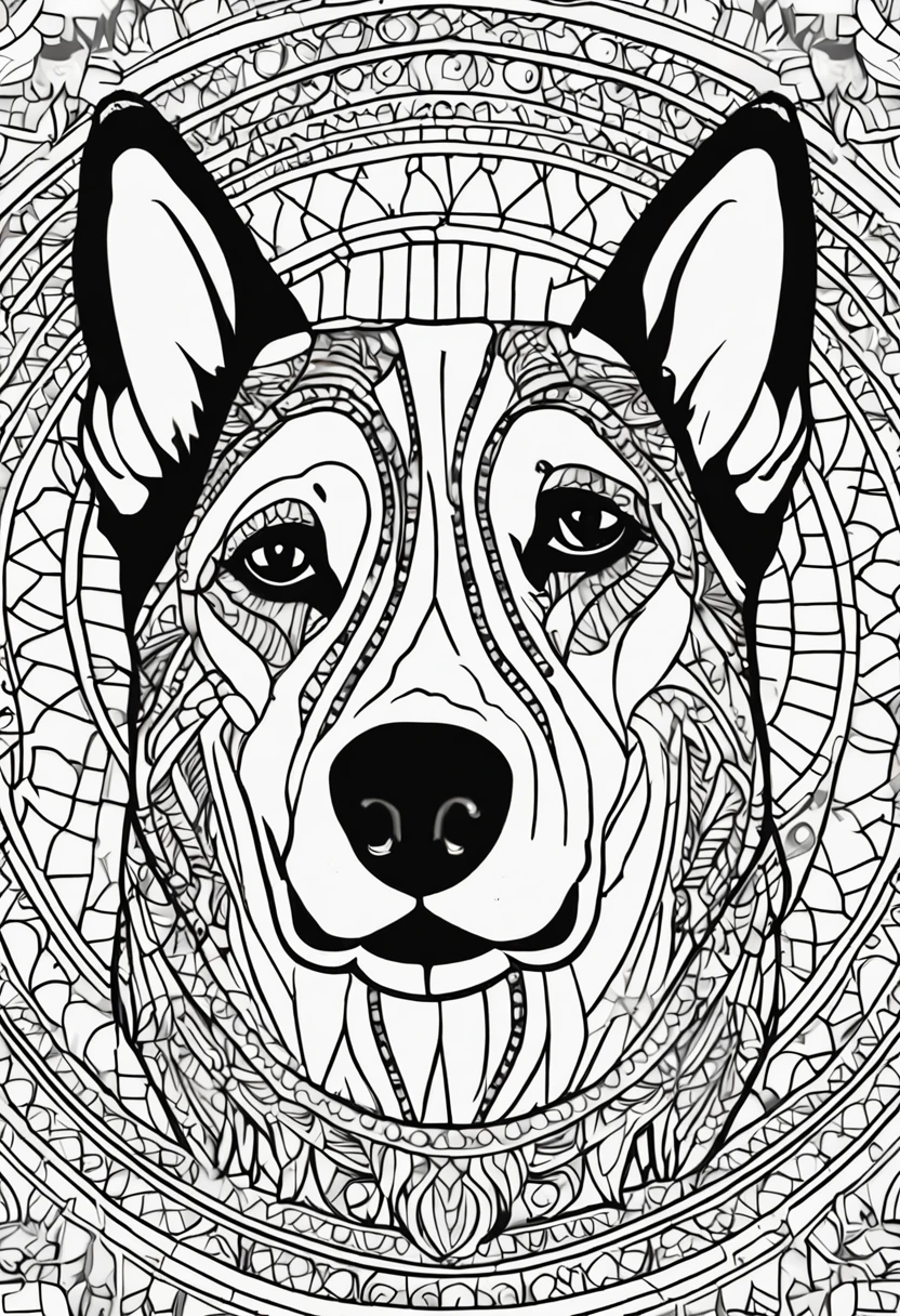 Coloring page for adults, linhas em negrito, linhas escuras, corpo de mandala, corpo de cachorrinho, dog face mandala german shepherd, cara de mandala, symmetr, fundo, arte de linha limpa, arte de linha fina, 512x 768 resolution