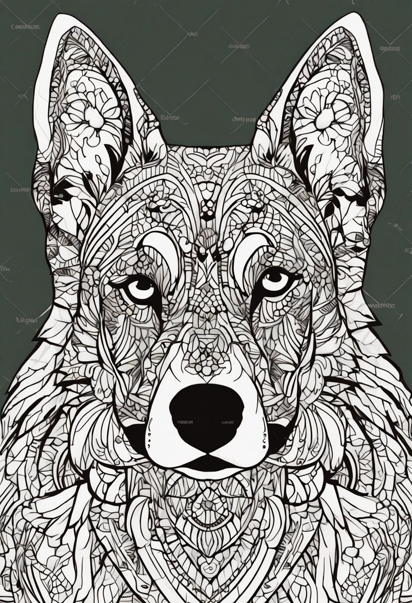 Coloring page for adults, linhas em negrito, linhas escuras, corpo de mandala, corpo de cachorrinho, dog face mandala german shepherd, cara de mandala, symmetr, fundo, arte de linha limpa, arte de linha fina, 512x 768 resolution