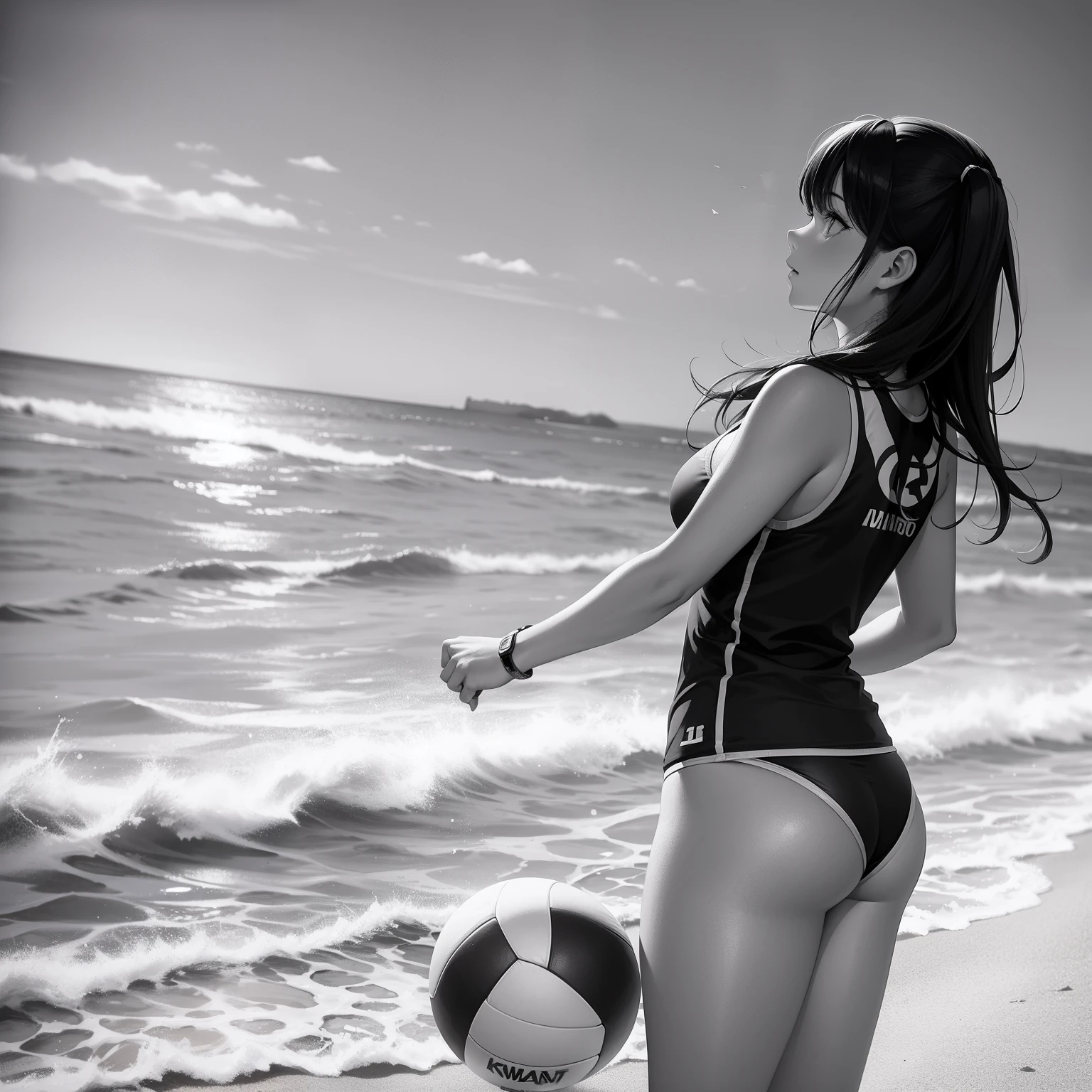 Un dessin en noir et blanc d'une femme jouant au beach-volley