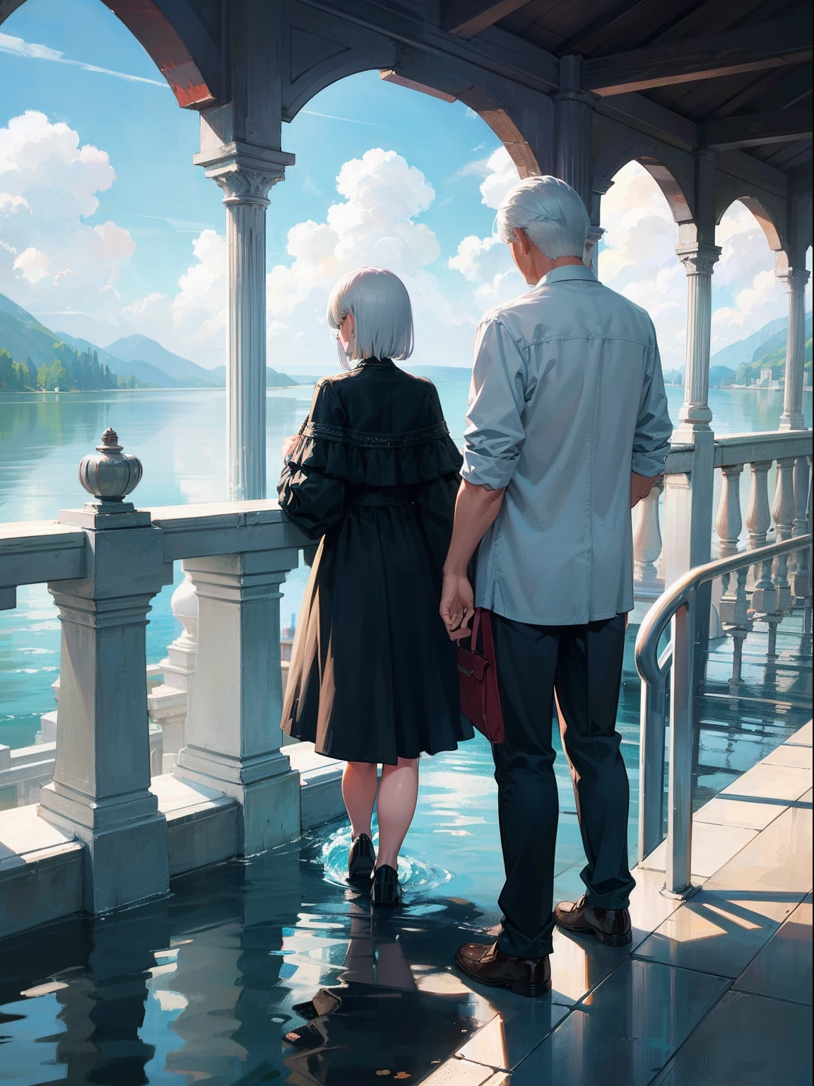 The white-haired old man and the silver-haired old woman leaned against the railing, Look at the water, They have their backs to the camera, With your back to the camera,