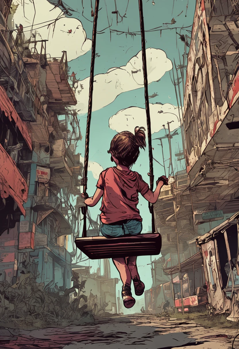 Imagine a scene in which a child with half a human body and half a mutant swings on a swing swinging wildly in a dilapidated amusement park. How she deals with her different physical attributes while having fun? How the Post-Apocalyptic Scenario Affects Your Play Experience?