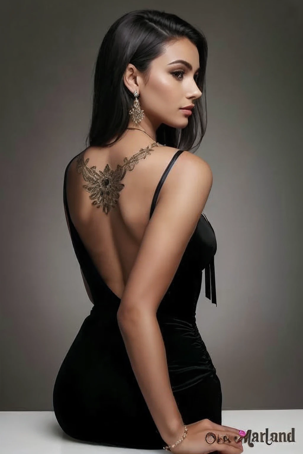 patterns to the intricate lacing and buckles that secure it in place. Her long, dark hair cascades down her back in thick waves, framing her chiseled, athletic form. Her piercing green eyes, crafted with meticulous detail and shimmering intensity, meet the viewer's gaze.

Her exposed shoulders are adorned with intricate tribal tattoos, each line and curve etched with remarkable precision. A golden necklace encircles her neck, its pendant glinting in the cinematic lighting. Her lithe fingers are poised on the hilt of her sword, the metal gleaming under the expert shading techniques.

The illustration show